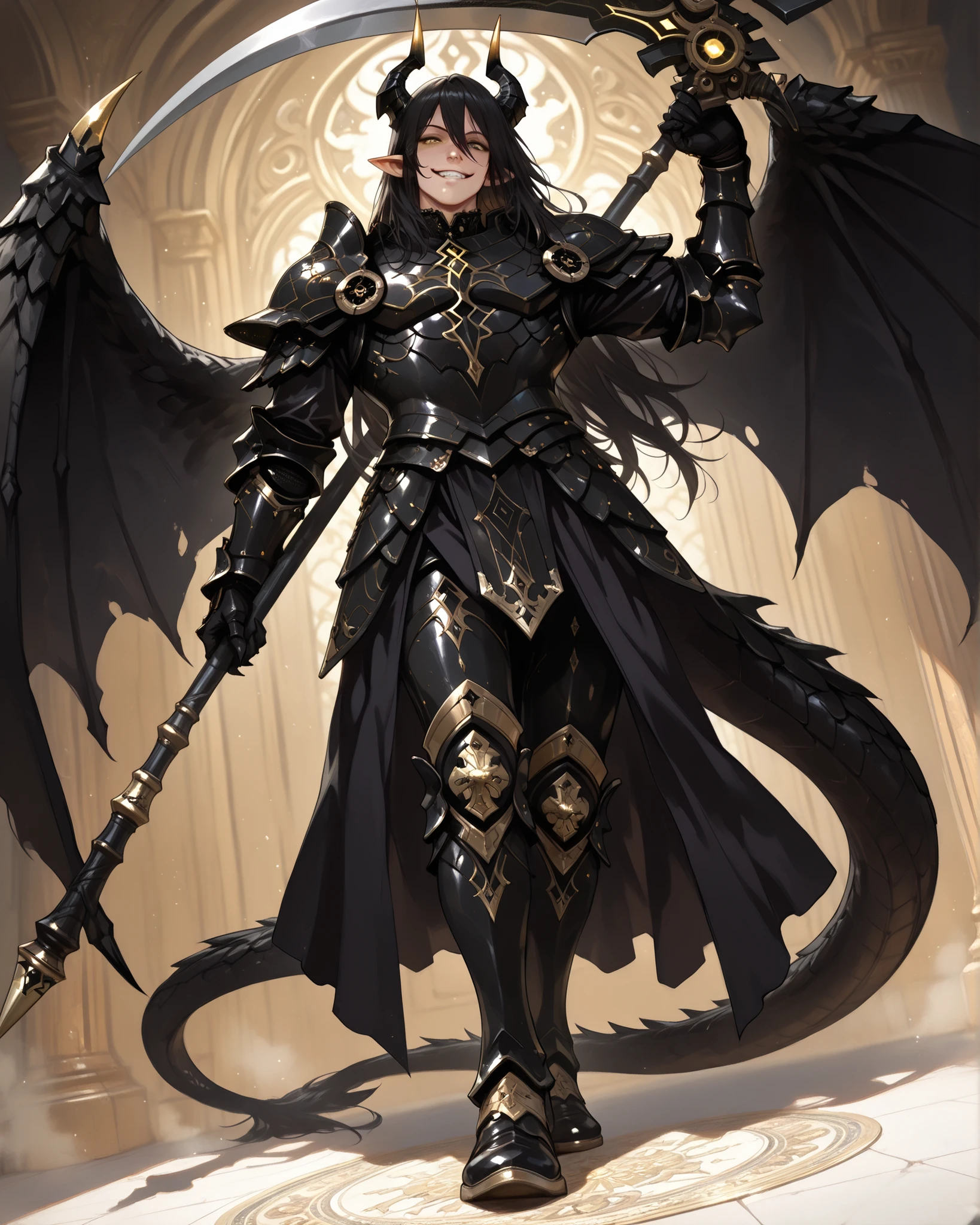 absurdres, (masterpiece, best quality: 1. 5), highres, 8K wallpaper, CG, (((Anime))), (1 male), solo, lean body, (masculine), (floating in the air), weredragon, japanese anime style, glossy black, shiny black leather, ((beautiful golden eyes, finely detailed eyes, bright eyes, vertical iris)), hair between eyes, black hair, extremely long hair, sideburns, wild hair, unkempt hair, (sly grin, smirk, evil smile), teeth, confident, (ultra detailed face), shiny skin, long pointy ears, twisted torso, long-legged, sculpted face, wasp waist, dragon horn, dragon tail, dragon wings, dragon sharp claws, (black armor with a lot of grandiose decorations), half dragon half human, dramatic angle, dynamic posture, (holding giant scythe on shoulder), ultra detailed black armor, black armor with gold accent, all black outfit, full body, emphasize face, focused expression, sharp focus, oblique angle, good-looking man, well-polished black armor, charismatic pose, (best illustration), cinematic, dramatic lighting, (intricate detail, super detail, extreme detailed, super detailed: 1. 5), (highly detailed artwork), dramatic shadows, tenebrism, chiaroscuro, wonderful pose, chiseled features, stark contrast, heavy shadows, detailed black decorations, beautiful and aesthetic, photoreal, from below, (mysteriously crafted black metal armor: 1. 5), sparkling accessories, thick and luxuriant hair, ultra detailed fantasy black armor, dressed in black, broad shoulder, true-to-life visuals, artistically refined, dramatic contrasts, ((extremely delicate and beautiful armor, elaborate armor details)), (dark armor), exquisite goldwork, wonderful black armor, armor with intricate engravings, ((armor-type boots)), ((detailed shoulder armor with intricate engravings, gold accent black armor)), (128K Ultra High Resolution), very gorgeous and dazzling, dark fantasy black knight, slim waistlines, wide chested, sinewy body, splendid scenery background, (((Hyper Detailed & Perfectly Designed Black Armor)))