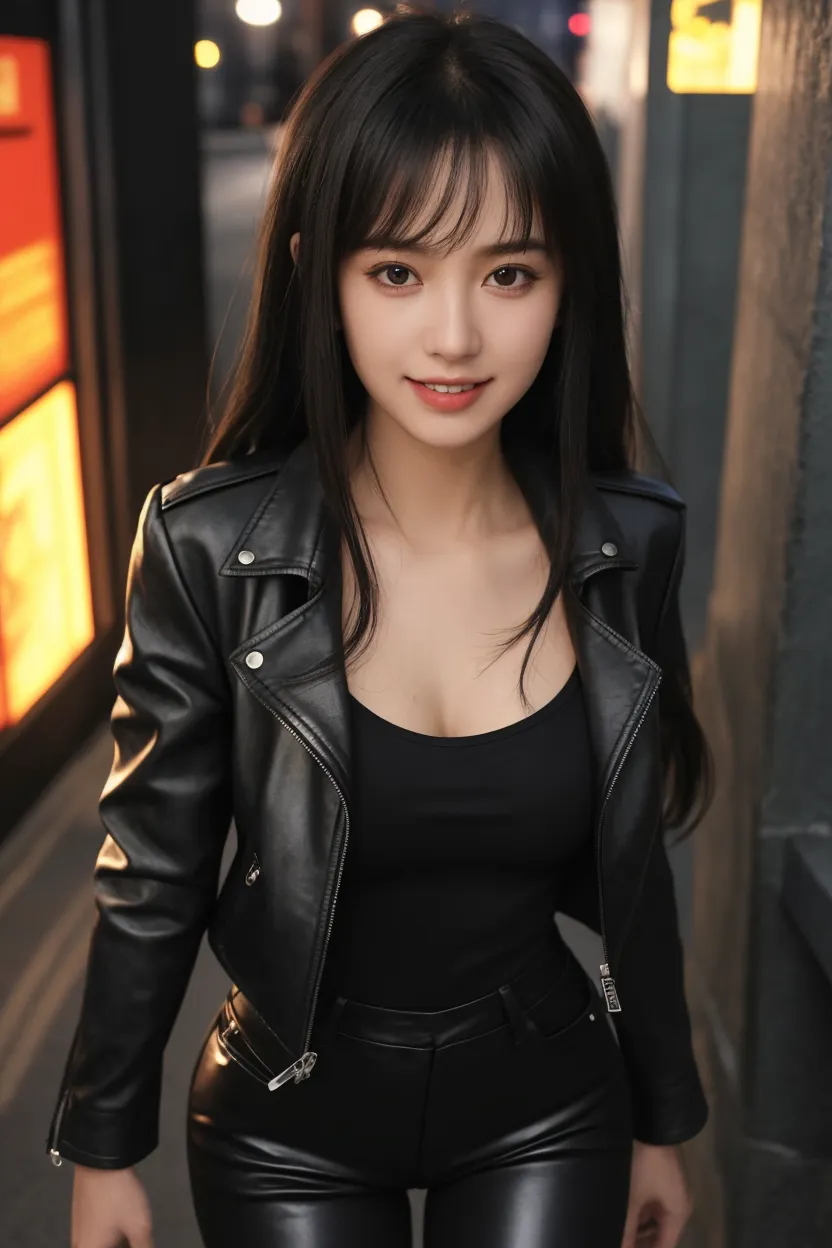 22-year-old girl，Dressed in leather，Raised sexy，Brown hair long，Delicate facial features，The smile is bright，The victory gesture is placed next to the face