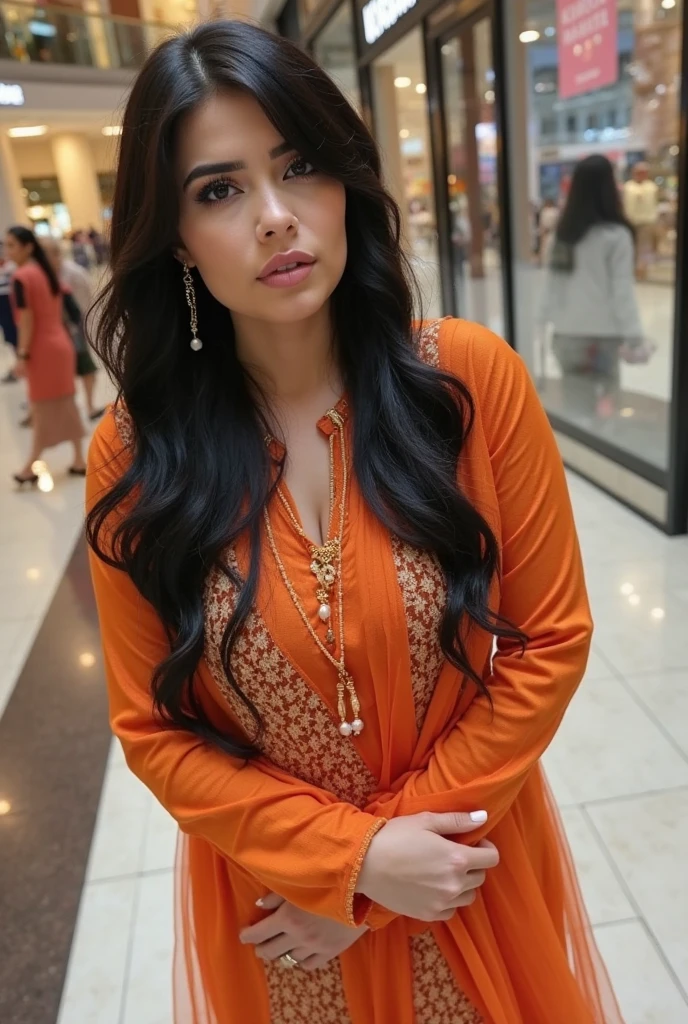 Generate a stunning bold female model with classic Indian features. She is 5’8” tall with fair, flawless skin and long, flowing black hair weight 60kg. Her eyes are large and expressive, with a warm brown color, framed by thick lashes. She has high cheekbones, a well-defined jawline, and full lips with a natural pink hue  that enhances her beauty, making her the focal point of the image standing confidently next to a newly launched black Mahindra Thar roxx 5 door in India . She is wearing outfit orange colour 

