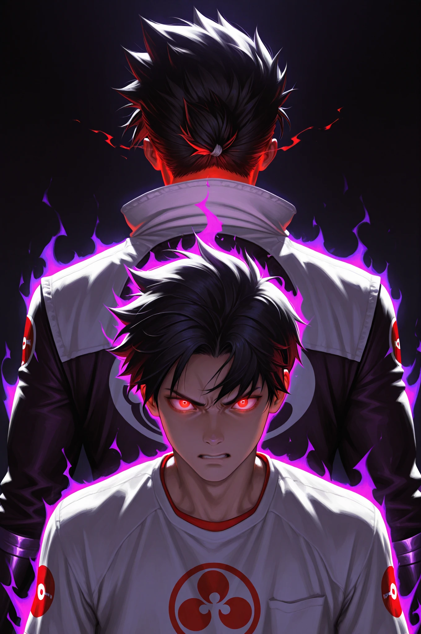 1boy, black hair, black shirt, red eyes, watch, messy hair, 8k resolution, fierce, cold, murderous, angry, bloodstained