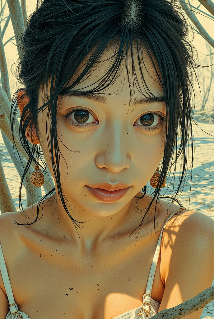 (((ふっくらとした日本とbeautiful))) Fair skin, Women around 65 years old, Natural gray hair, Distinctive dark brown eyes, 完全なnaked, Slender and elegant,,, beautiful, In the woods with a natural atmosphere, Super sharp focus, Realistic shots, naked, Four-color (scar:1.4)