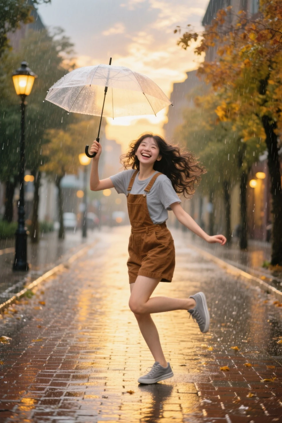 A girl dancing happily in the pouring rain,City,The streets are wet,sparkling,反射着City的灯光,Raindrops poured down around her,Falling on the ground with splashes of water,Her clothes were soaked with rain,Dancing happily,She spins,Arms raised to the sky,Let the rain wash her skin,She has a joyful energy that is contagious,她的笑容比任何路灯都更能照亮灰色的City景观