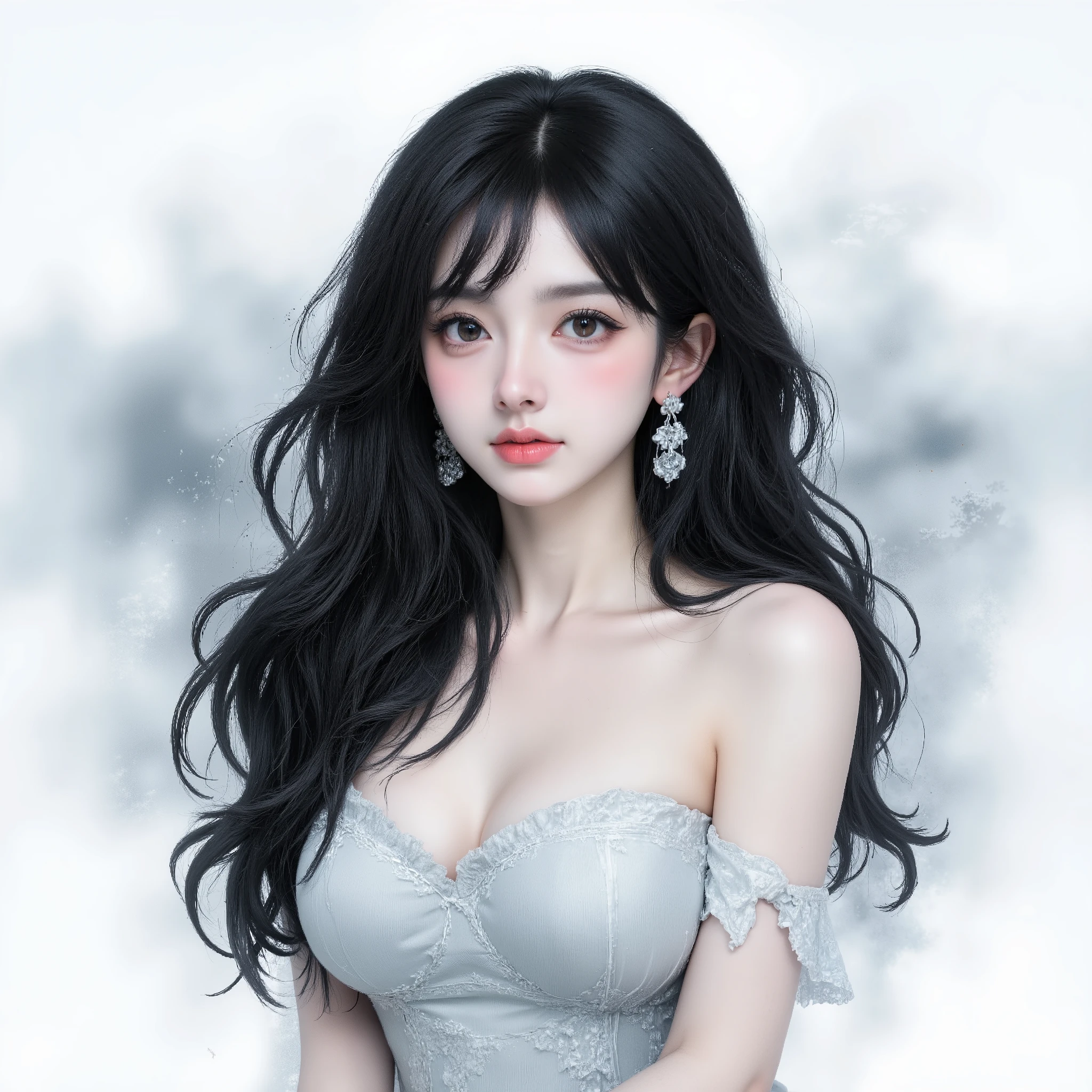 masterpiece, best quality, 1 mature woman ,long hair with slightly oblique bangs, Super long hair ,Hair tips to hips,fluffy hair,Slightly plump,Bust Natural ,wearing a light bandeau dress,skin as white as porcelain, elegant and noble expression, , Chinese ink wash style washing animation, height detailed, 8k resolution, movie lights.