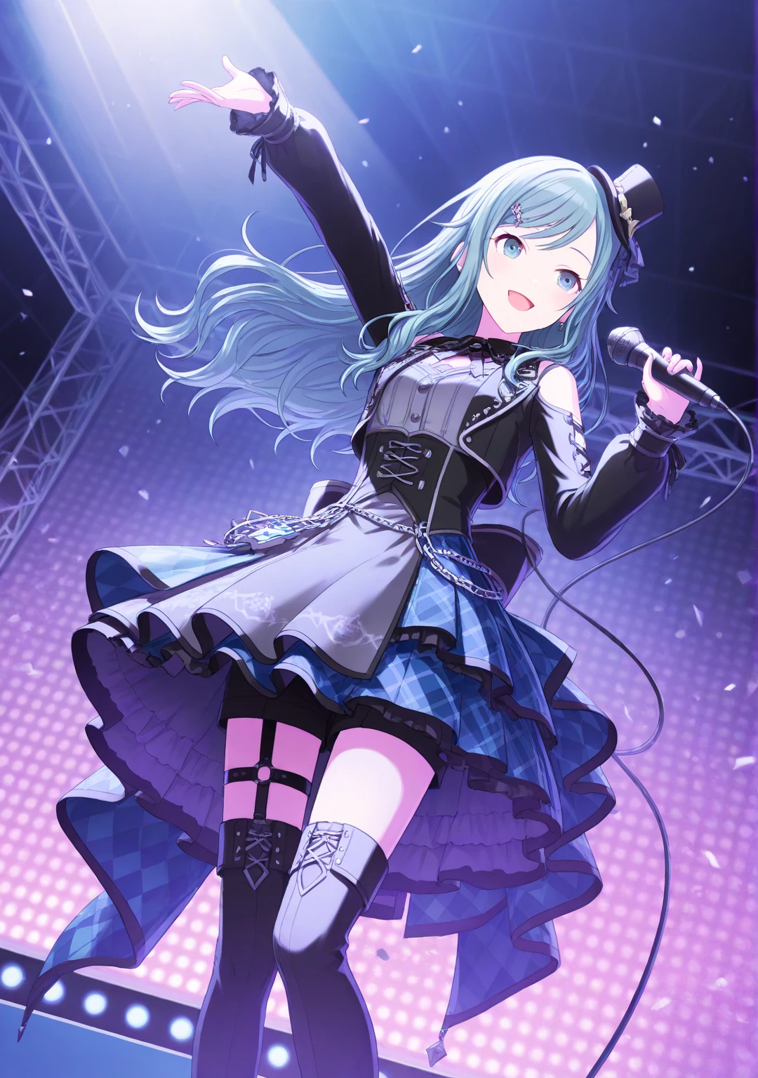 masterpiece, best quality, detailed face,(ultra hi res:1.2),(illustration:1.3),(game cg:1.2),(official concept art: 1.2),
(1girl:1.5),
(15 years old:1.2),
kawaii,
BREAK
(small breasts:1.1) ,
(slender),
(cdy:1.2),
<lora:ninomiyacos2_V3:0.8:MIDD>,
singing,
(stage,Spotlight:1.2),
microphone ,
BREAK
<lora:add_detail:0.5>
cobalt green color eyes,
twin drills hair,
hair bobbles,
ahoge,
soxe blue hair,
(striped_thighhighs),