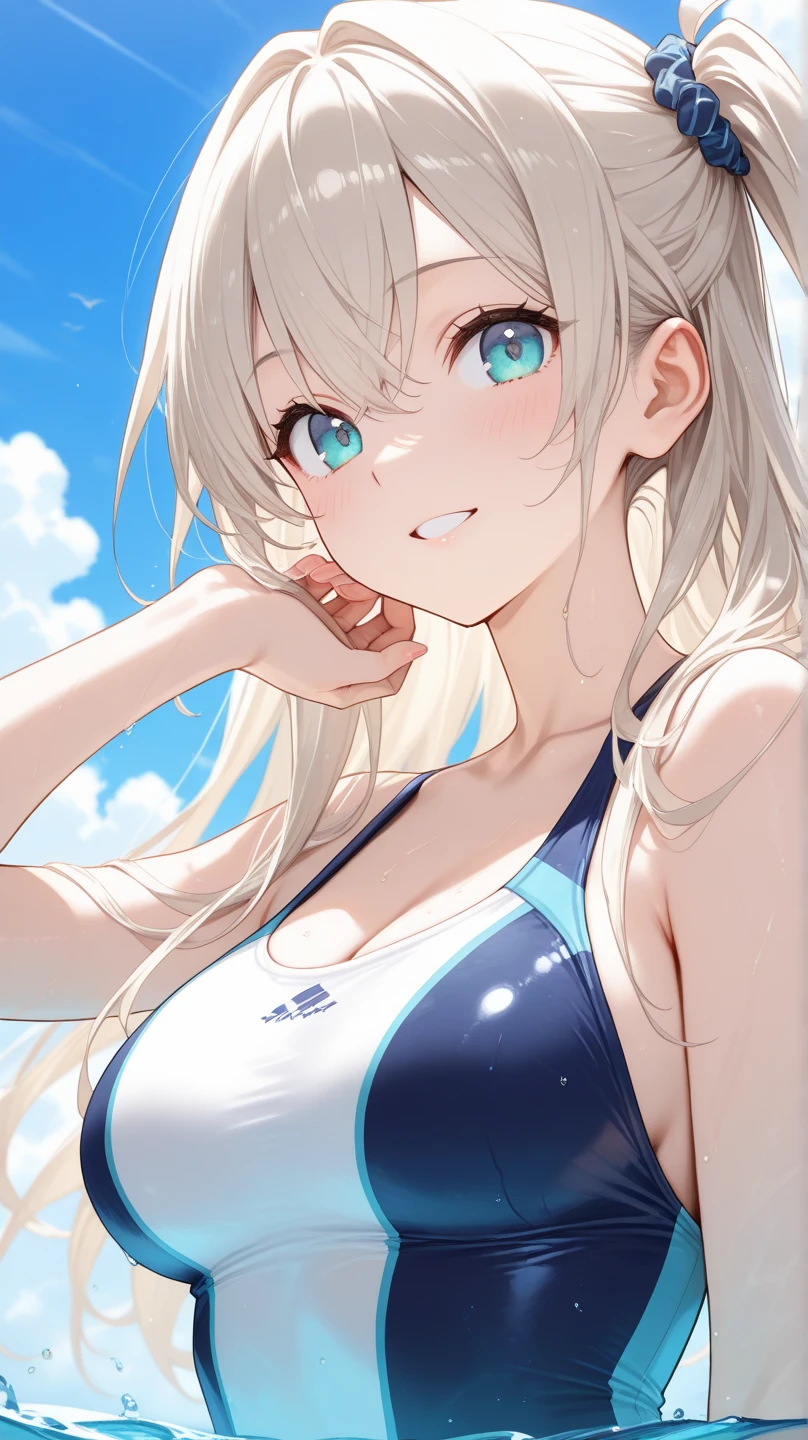 Official art、Top quality ultra-detailed CG art、a beauty girl:1.2)、a blond、Glossy hair、smooth hair、large blue eyes,Mid summer、kawaii、The sky is beautiful、medium cut、White competitive swimsuit、Smooth clothes、ssmile、It features a simple、Naked、