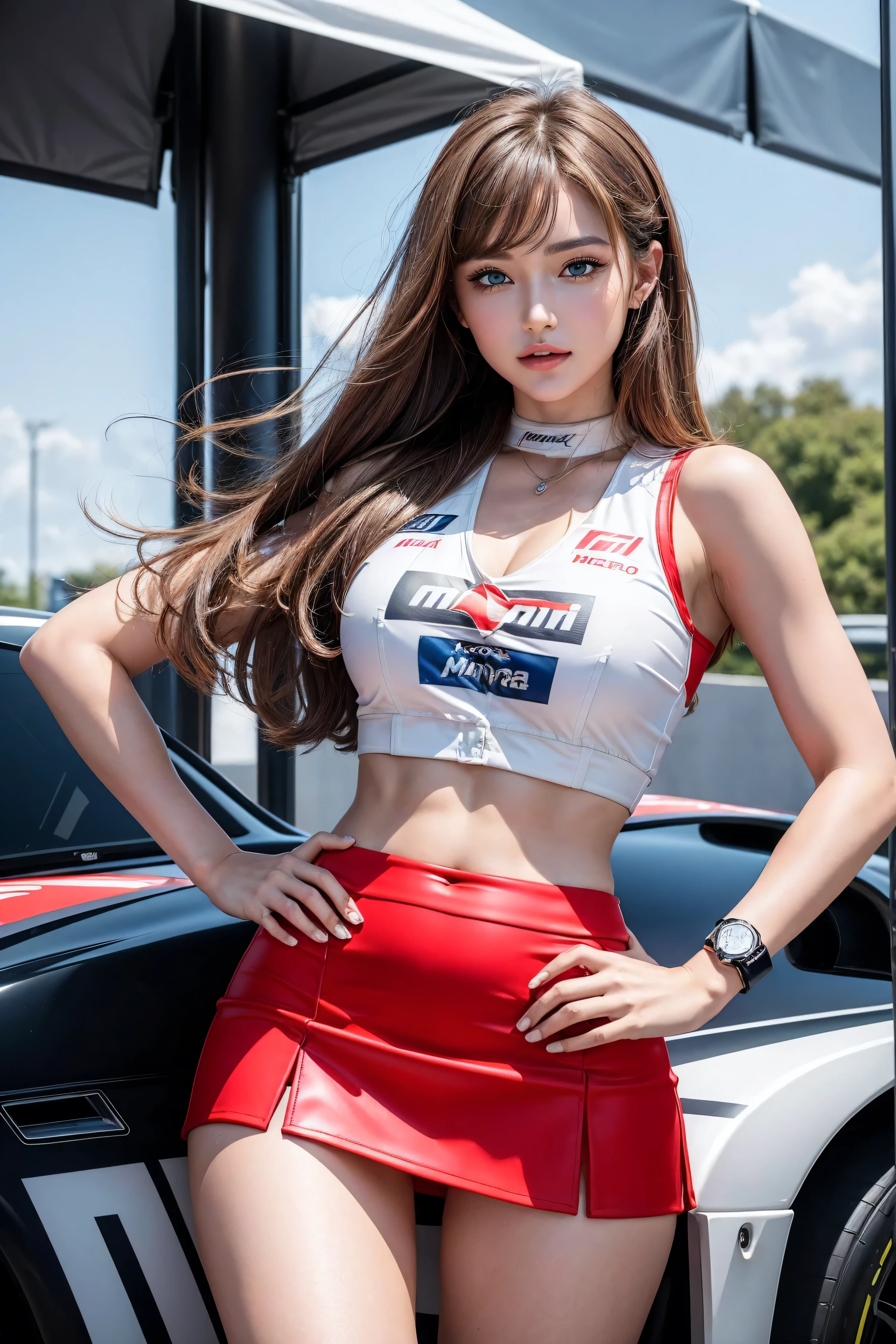 (masterpiece), ( MotoGP Racing Girls), (Eyeliner:0.5),(blush:0.5), Black Hair, A faint smile, Refers to a beautiful and delicate girl, Extremely detailed eyes and face, Beautiful and delicate eyes, , ((MOTOGP events)), (MotoGP track background), (best quality, high resolution, Reality, original, 8K,masterpiece, ),(((Dynamic poses))),(((Mid-abdomen peek))),(((Show under chest ))),(((Red Mini Skirt Lift))),(((Bare inner thighs))),(((Formula One car on display))), (Bright colors:1.2), (Beautifully),