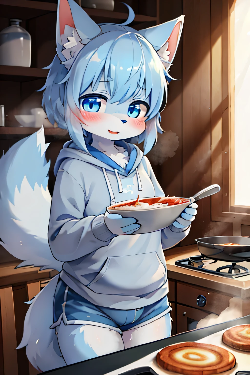 girl,黄色fur,animalの耳,8K High Resolution,blue shorts, grey hoodie,Cooking ,fur,blue neckerchief,Grey Dog Tail,Pretty Beast,animal,Kemono, lots of light blue ,Sparkling Eye