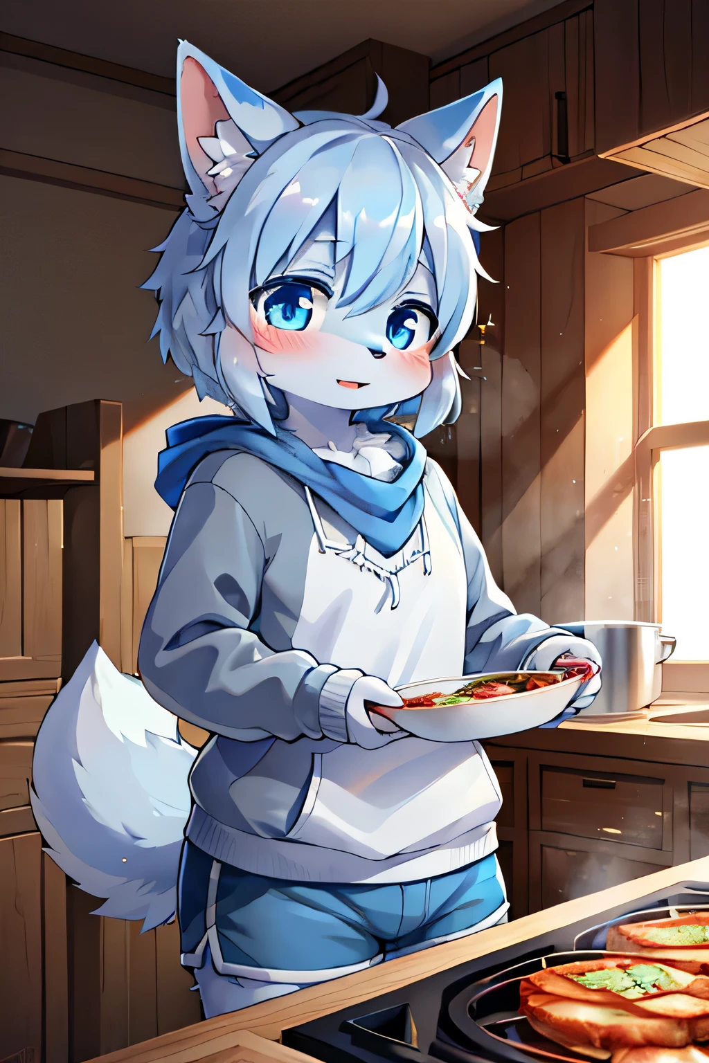girl,黄色fur,animalの耳,8K High Resolution,blue shorts, grey hoodie,Cooking ,fur,blue neckerchief,Grey Dog Tail,Pretty Beast,animal,Kemono, lots of light blue ,Sparkling Eye