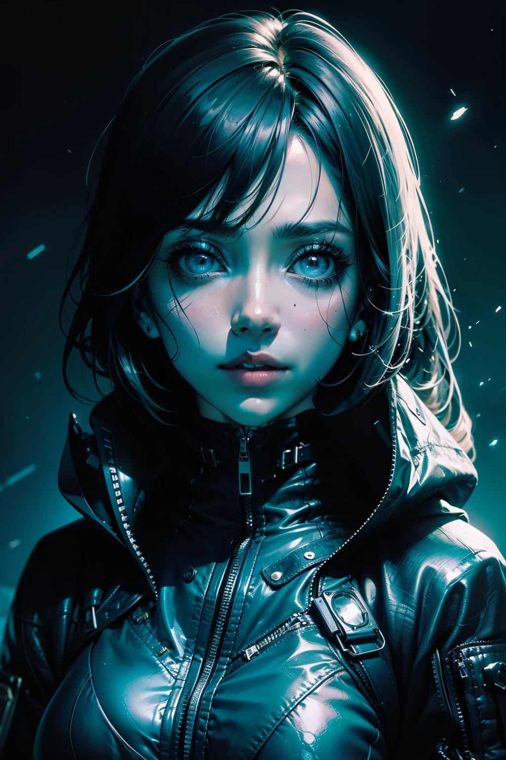 Portrait Waist up Ana De Armas by Tsutomu Nihei, blue neon bright eyes