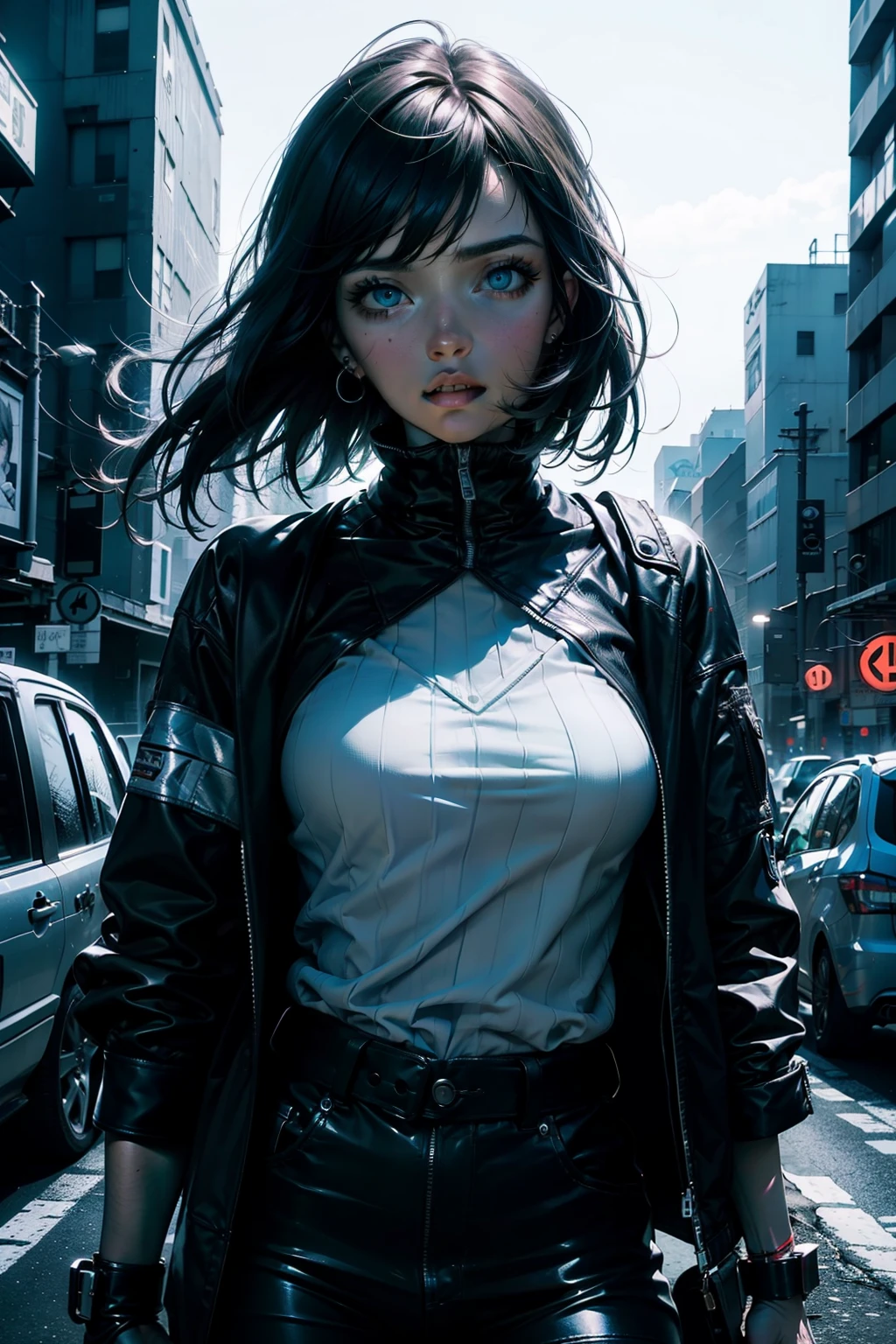 Portrait Waist up Ana De Armas by Tsutomu Nihei, blue neon bright eyes
