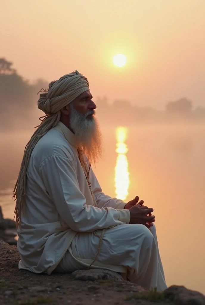 (photorealism:1.2), art of sikh saint meditating in front of golden temple amritsar