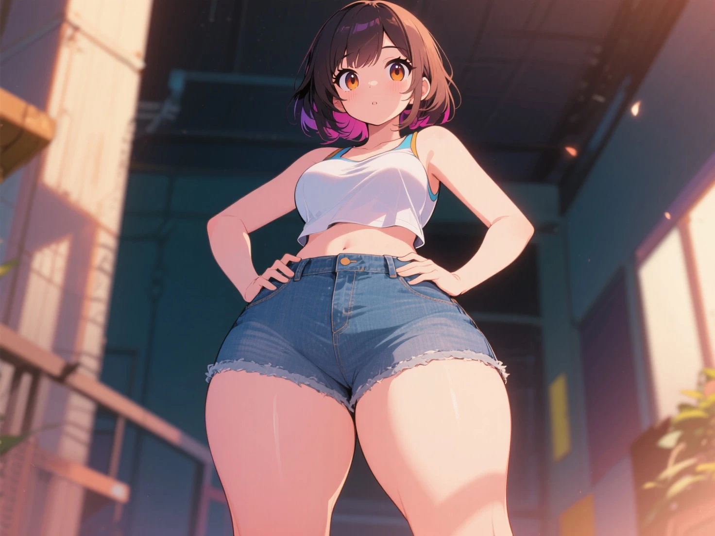 ((Masterpiece)), perfect anatomy, perfect shading, field of depth, (best quality), extremely delicate and beautiful, perfect lighting, detailed face, ultra cute face, cute, (cowboy shot 1.2), looking at viewer, full body, (((1girl))), (((solo))), furture,
Short hair, brown hair, fluffy hair, green eyes, (blush), (crop top 1.5), (shorts 1.5), thigh highs,
Futuristic clothing, large breasts, perky breasts, (wide hips), ((thick thighs)), (chubby), chubby belly,
Neon lights, futuristic city, cyber punk