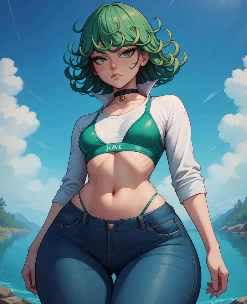 (masterpiece, best quality:1.2), cowboy shot, solo, 1girl, tatsumaki, lustful, closed mouth, looking at the viewer, ass, wide hips, t-shirt, short shorts, blue sky, clouds, erotica, groin notch