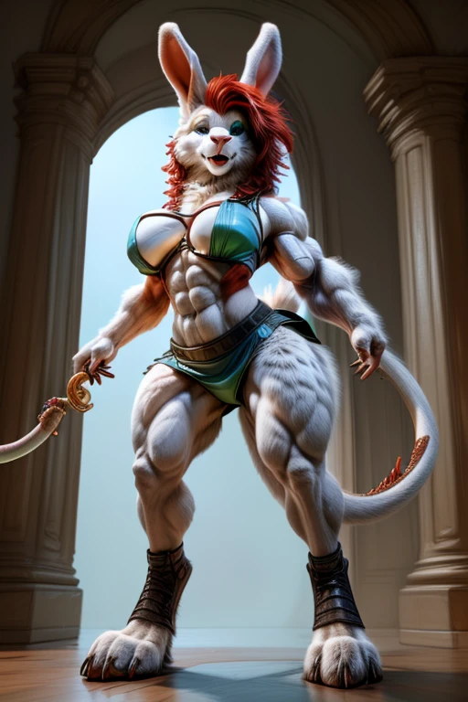 Female cat with very large muscles , very huge and very gigantic red fur and beautiful red eyes and wearing a full body mini bikini she is a bodybuilder and she is a warrior.
