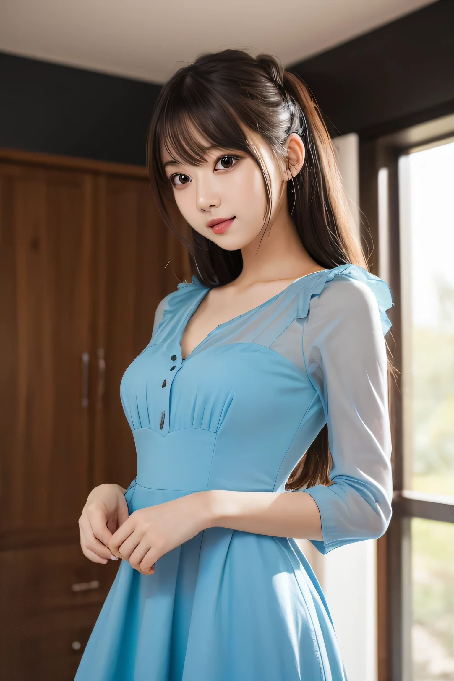 (8K,best qualtiy,tmasterpiece:1.2),(Photoreality:1.4),(RAW photos),Perfect details,1girl,Korean female model,solo,Melon seed face,Wavy curly hair,Pure desire,Raised sexy,secretary,Wear a sky-blue one-shoulder lace-wrapped hip dress,Wear black high heels,Wearing black 10d pantyhose,office room,meeting room,are standing,dignified,fully body photo