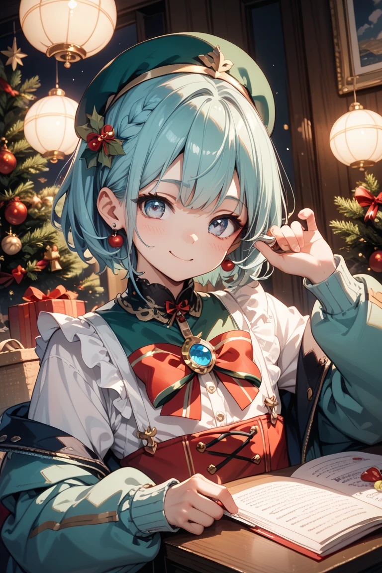 1girl, antlers, multicolored hair, multicolored eyes, aqua eyes, bell, blue eyes, blush, box, breasts, cake, candle, candlelight, candy cane, christmas, christmas lights, christmas ornaments, christmas tree, fake antlers, fireplace, fireworks, food, fur-trimmed headwear, fur trim, gift, gift box, glint, hat, hatsune miku, holding sack, holly, kneeling, long hair, looking at viewer, medium breasts, merry christmas, open mouth, ornament, pleated skirt, reindeer antlers, reindeer costume, sack, santa costume, santa hat, skirt, smile, snowflakes, solo, twintails, very long hair, white shirt, wreath, <lora:Cupitan:1>
