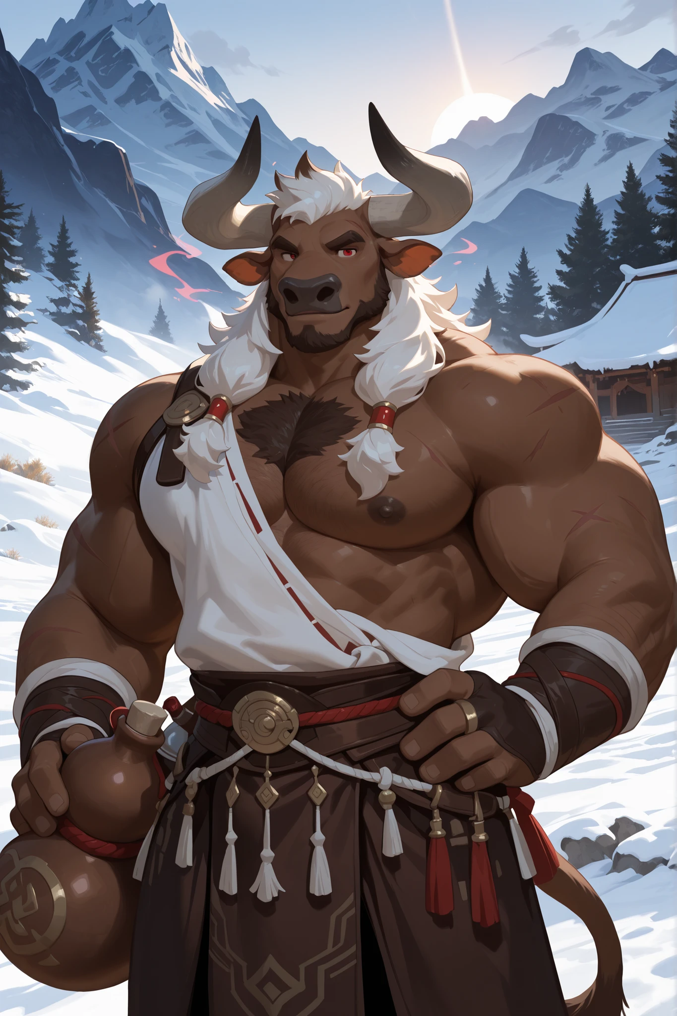 //Character
1boy, solo, anthro furry, minotaur, bull, large curved horns, brown fur, brown-black beard, dark patterns, red eyes, eyes with scars, white hair, brown-black hair tips, brown-black chest hair, Brown eyebrows, Brown tail,
//Dress
gourd wine flask at waist, traditional wuxia clothing,
//Scene/Background/Object
mountain temple, snow-capped peaks,
//Lighting/Effects
soft morning light, misty mountain atmosphere, gentle shadows, spiritual aura,
//Quality
masterpiece, best quality, very awa, perfect for character illustration,