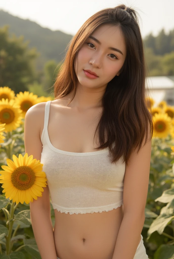 (masterpiece: 1.3), (8k, Realistic, RAW Photos, Highest quality: 1.4), (One Girl), Beautiful Face, (Realistic Face), (Brown long hair: 1.3), ((Bodysuit, Ruffle skirt, Ankle strap heels, Pouch bag)),Beautiful Hairstyles, (bangs), (smile), smile, Realistic eyes, Gloss, highlight, highlight in the Eyes,(( Sunflower field))、eyelash, Beautiful details in the eyes, (Realistic Skin),Slightly large chest、Beautiful Skin, Transparency, bust, smile, teeth, Confused, charm, 超High resolution, Ultra-realistic, High resolution, Golden Ratio, Clear eyes, Wet, Mole, Looking into the camera, ear, Shine, Long neck, double eyelid, Big eyes, cheek, kind character, charm personality, kind, Move, 圧倒的なcharm, bright personality、bustling street、(Reaching out towards the viewer)
