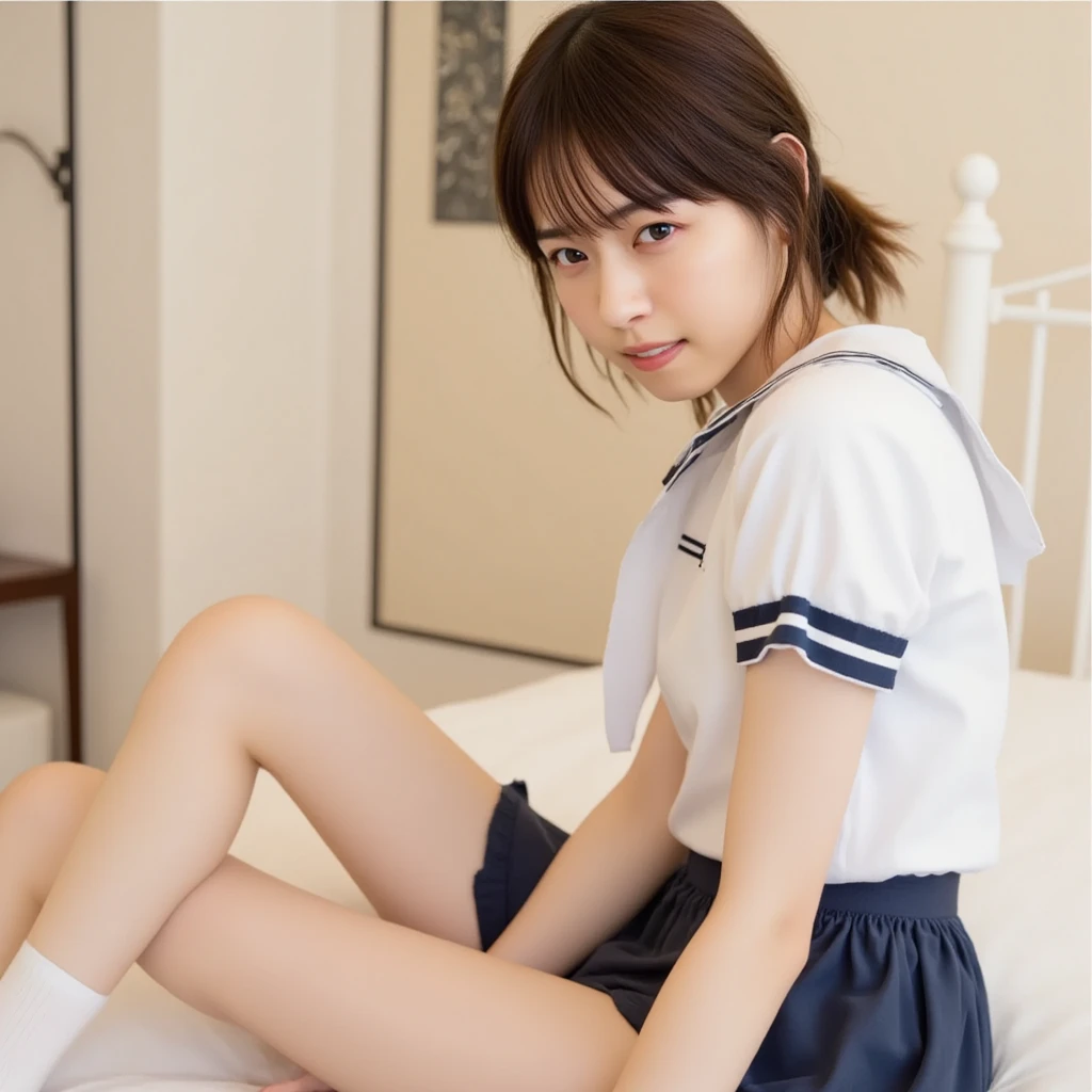 (masterpiece), high school girl,, After, Fluffy diaper cover with floral lace, Natural light, realistic, camel toe, diffused light, Depth of the bounds written, sailor suit, vapor, (lift skirt), (urination), lively