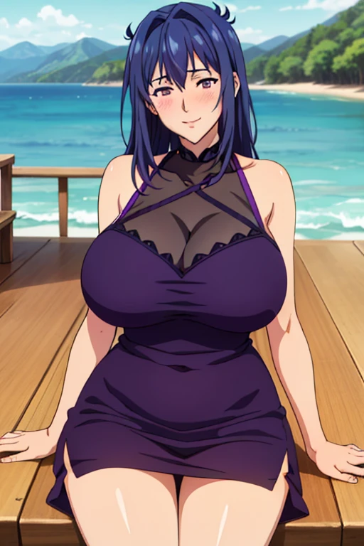 (sitting on bench), (pink dress : 1.3), cleavage, black skirt, night city street, Nijou Aki, 27 yo, mature women, anime cels style, best quality, high resolution, (gigantic breasts:1.3), cowboy shot, blush, smiling, (purple eyes), blue hair