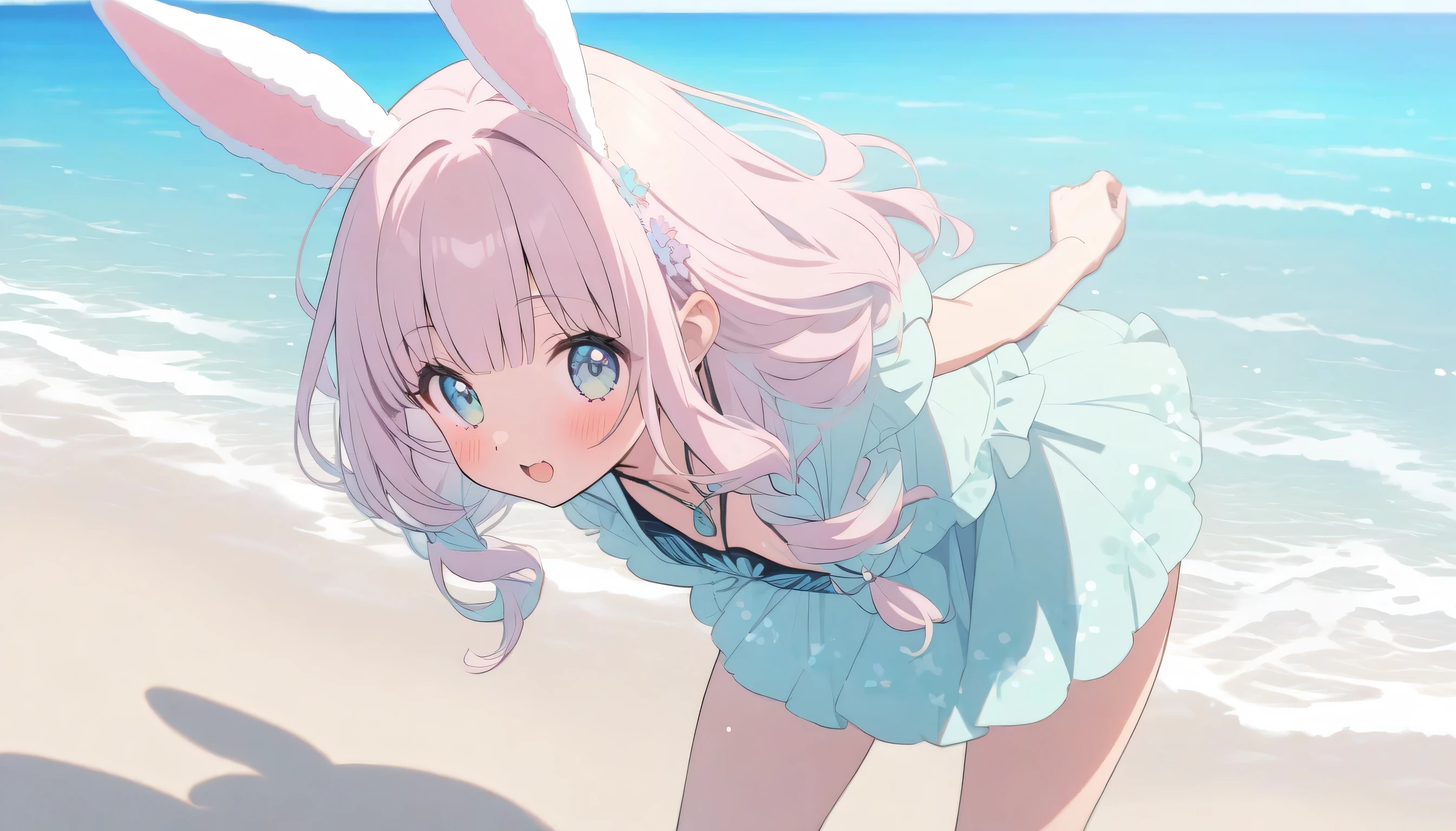((Masterpiece)), ((Best Quality)), (Very Detailed), (Very Detailed)), 4K, (8K), very aesthetic, absurdres, highres, 1 girl, furry, (kemono, anthropomorphic rabbit:1.3), Emerald green sea with white sandy beaches, highly transparent seawater, frolic on the sandy beach, blue skies and white clouds, sunshine pouring down, and seagulls flying in the sky, Beautiful sea views that give you a refreshing and soothing feeling.