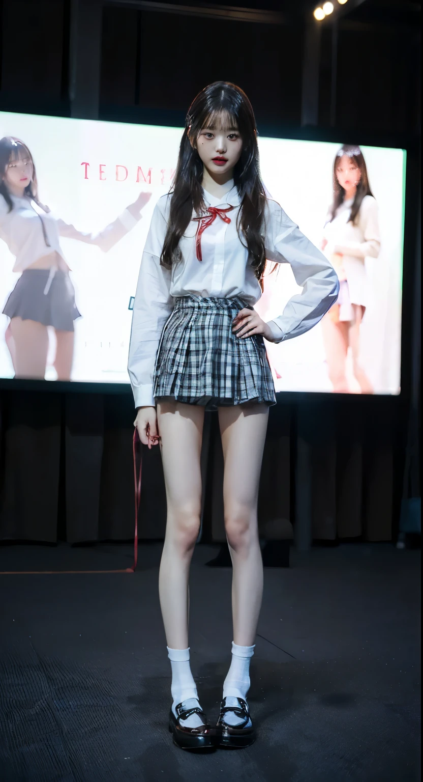 (8k、RAW Photos、Highest quality、masterpiece:1.2)、(Realistic、Realistic)、1 Girl、((Nogizaka's costume:1.2、Thin legs、whole body、View from the front、smile、Looking into the camera、両手でスカートを持って黒いPantiesを見せろ))、cute、Correct fingers、Seduce、Pantiesを着る、Panties