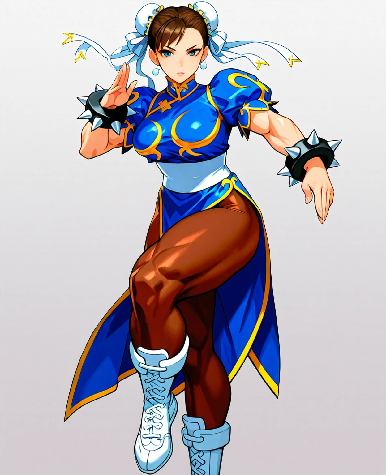 Ninja femboy, long blonde hair, blue eyes, gigantic muscular body, white ninja outfit, big breasts, white ninja mask, 4 arms, full body.