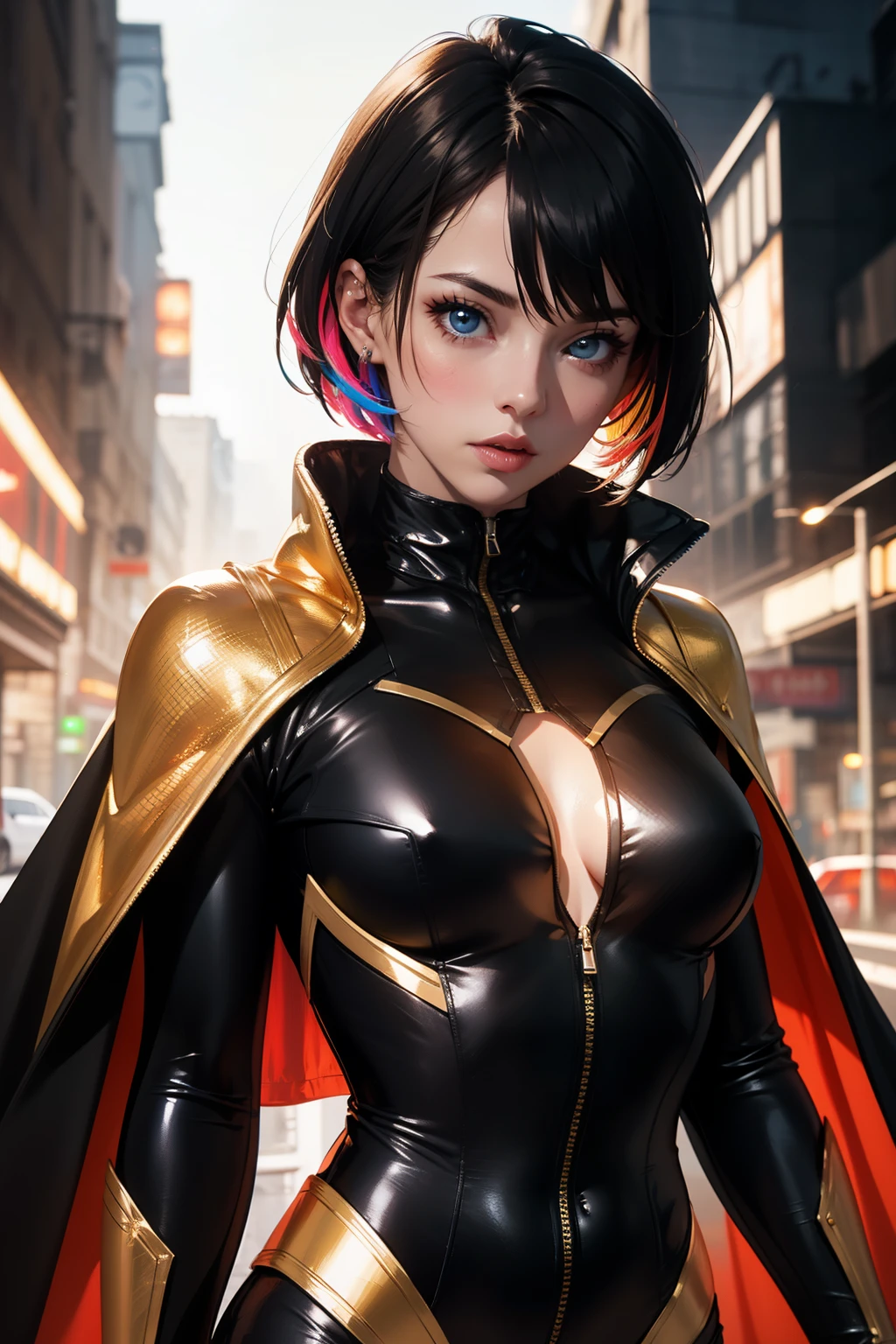 Full body ((frontal)), Hyperrealistic masterpiece brunette short hair braids ((with glowing colorful fringe)) Superheroine in detailed black & golden tight plugsuit ((with white cape)), cinematic illumination 8k