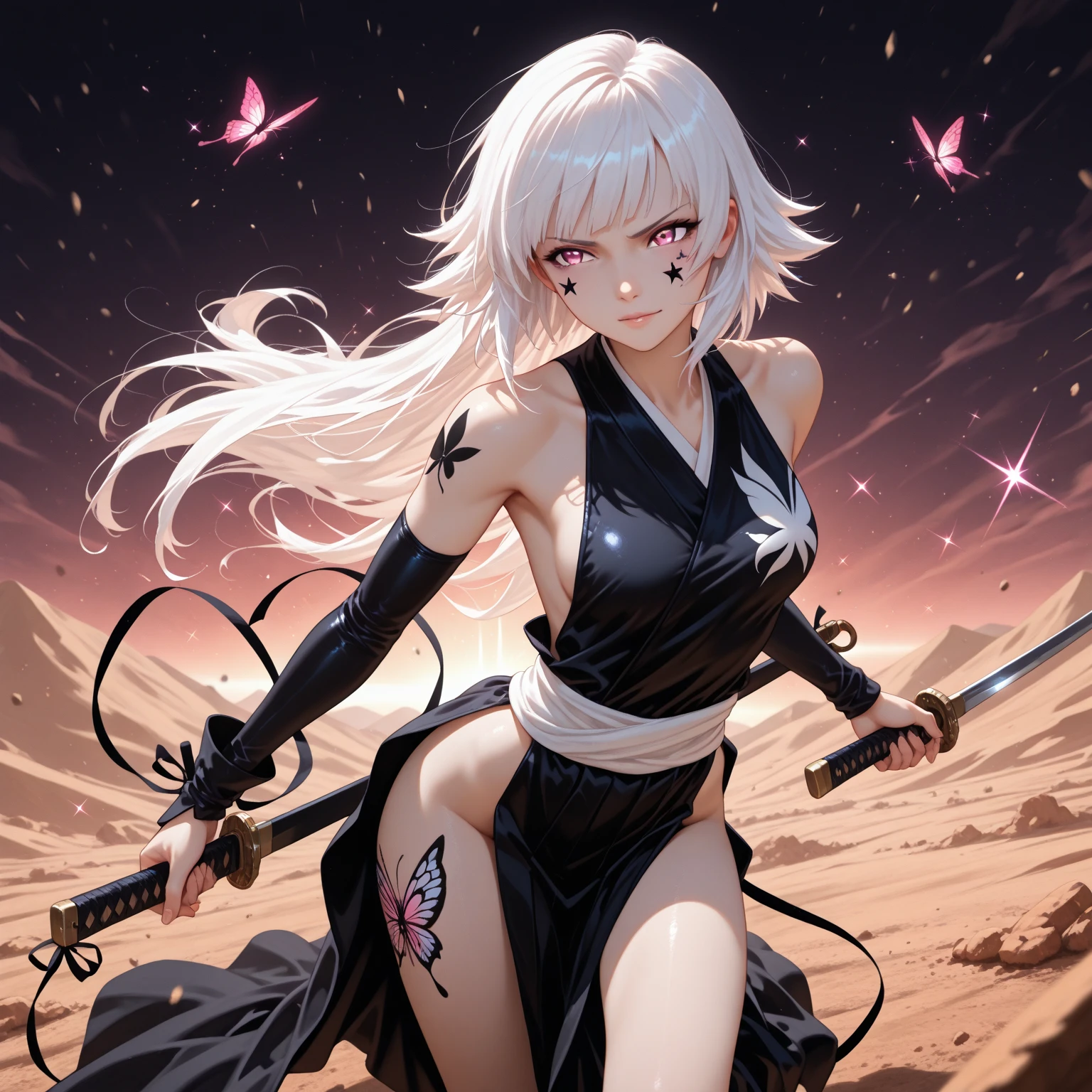 (((anime))) One Woman,Holding a Japanese sword,With a scabbard,Pulling out the sword,Draw your sword,samurai,Long Hair,Fluffy long hair,(White Hair),Oblique bangs,One eye is hidden,necklace,yellowの目,Big eyes, silver cyber suit,Raid Suit,Drop shoulder,mini skirt,yellowのブーツ,Modern city,Neon color,moon,pink,yellow,masterpiece,Highest quality,Exquisite,8k,Absurd,Ultra-fine illustrations,(View your audience)