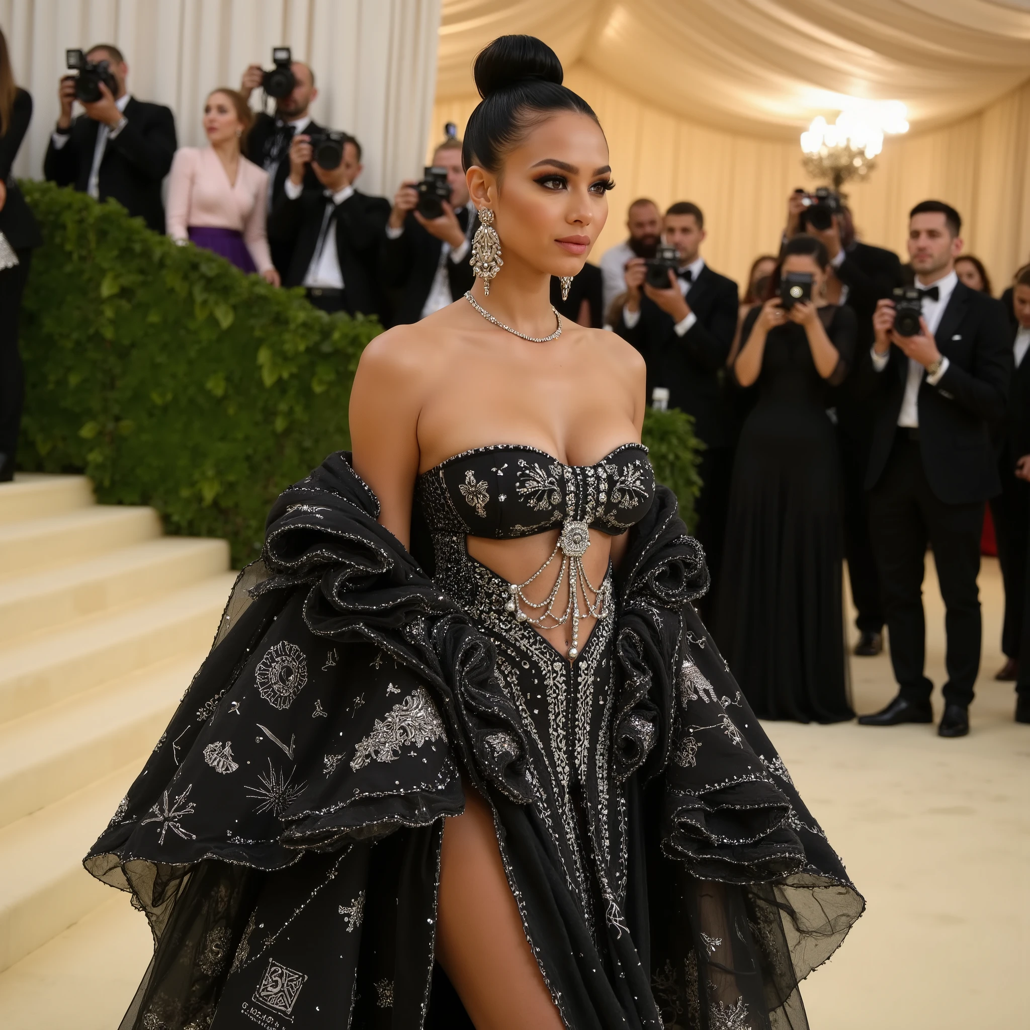 Stunning model | sculpted glam makeup with sleek, luminous highlights | bold lined eyes with smoky corners | full rich nude lips | shimmering copper shadow to enhance deep brown eyes | her dark brunette hair is now styled into a structured architectural updo — a twisted sculptural bun inspired by origami, symbolizing precision and mastery | elegant, striking, timeless
Her Met Gala gown is a visionary piece — theme: "Tailored to You" | a fully customized, wearable couture biography | the bodice is molded to her exact silhouette, using 3D-printed silk mesh and hand-sewn embroidery of symbols representing her heritage and identity | delicate calligraphy patterns in silver thread trace her family name and personal affirmations in both Spanish and English across the fabric | the neckline features an asymmetric shoulder — one side sharp and tailored, the other soft and flowing — a metaphor for duality and evolution
Color palette: deep obsidian black with panels of champagne and translucent blush | across the bodice, elegant seams are visibly marked, stitched in platinum thread, as a bold nod to the tailoring process itself — “the beauty of being made, not just worn” | the skirt transforms into a layered sculptural origami train, folding behind her in geometric waves like an unfolding story | each layer edged with crystals that shimmer subtly under light | the inner lining features hidden QR codes woven in silk, symbolizing digital identity, modern legacy, and a nod to technology as self-expression
Accessories: minimalist yet powerful | platinum ear cuffs shaped like measuring tape loops | silver thumb ring engraved with the word "Hecha" | dramatic backless detail with a spine chain of mini scissors, needles, and pearls — a tribute to the art of making
She walks the Met Gala carpet, stairs behind her lined with cameras and luxury | flashes capture the angles of her gown’s bold structure | photographers zoom in on the custom embroider