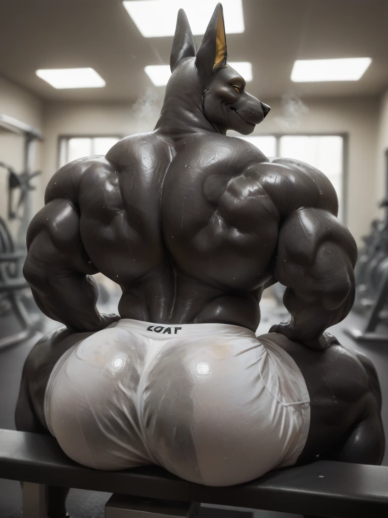 Wide angled picture of two large anthropoids acting hungrily, their immense size makes the room look thight, their immense size makes them touch the ceiling; size difference, male,canine, dog, pitbull:1.4, (dark and thick grey and wet fur:1.8, thick furred body, fluffy fur, thick fur, wet fur, naked),( cut ears:1.0), big fluffy furred balls, chubby:1.2, round belly, huge belly, bloated belly, overweight belly, inflated belly, big body, wide and bulky body, thick neck and chest, (middle-age), (musclegut:1.4, thick body:1.2), (yellow eyes:1.2),detailed black eyes,tail, (shower enclosure:1.6, full body:1.2), (by darkgem),(by OnePotatoATime),(by adios:1.2),(by taran fiddler),4k,masterpiece,full hd, BREAK