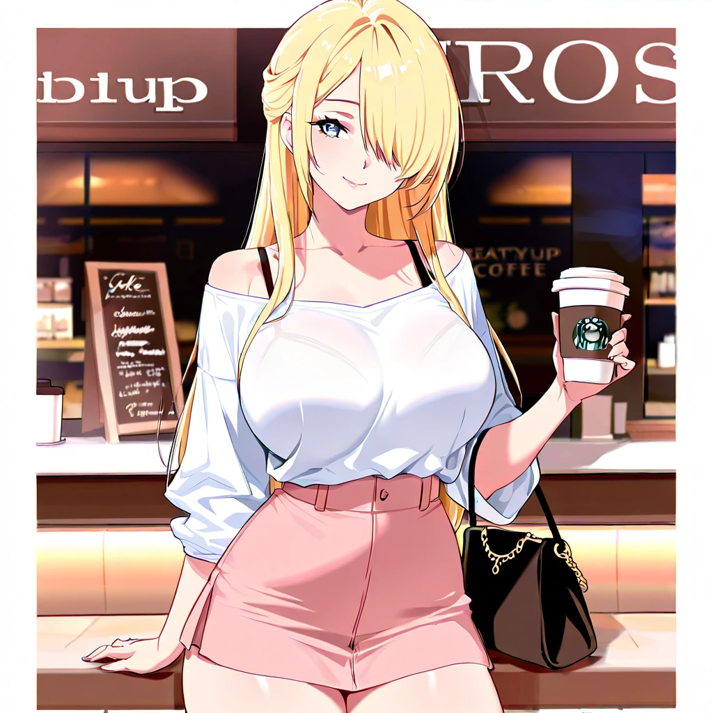 Young girl holding coffee cup in hand, cute girl, wear sporty jacket, very sexy micro bra, big breast