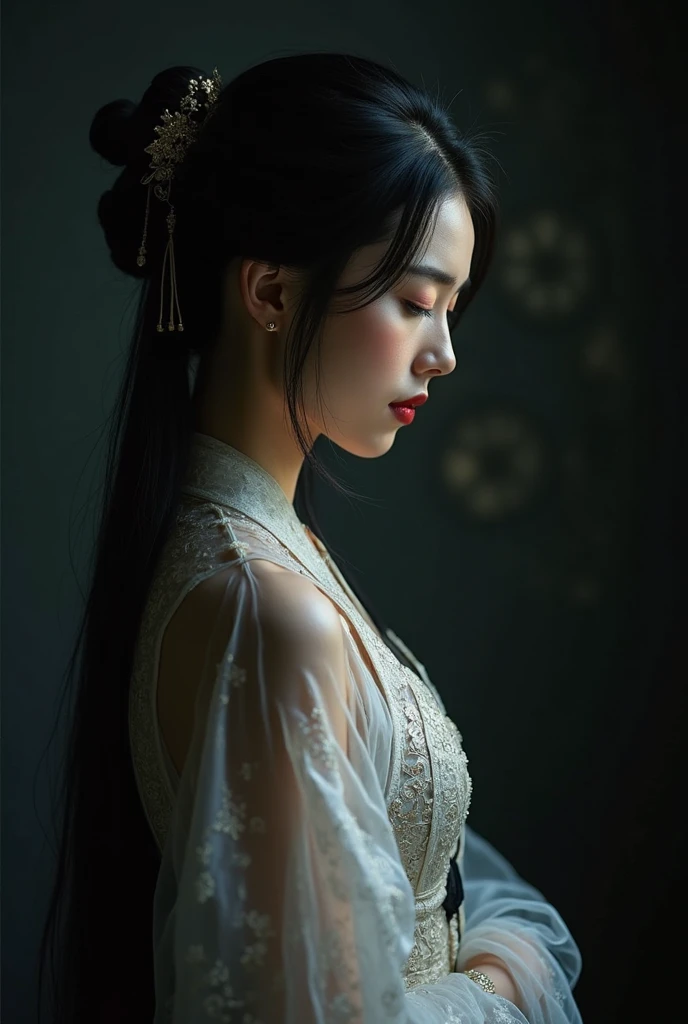 ((no)), best quality, Masterpiece, height, 1 girl, Chinese Hanfu, Chinese Architect Background, decorationsผม, necklace, decorations, Beautiful face, full body, Tyndall Effect, realistic, dark studio, By the light, Two tone light, (Highly detailed skin:1.2), 8g UHD, dslr, soft light, High quality, Volumetric light, Candlelight, Dark reflection, The shadow is not dark, High Key, photograph, high resolution, 4K, 8ก, Bokeh. from the front, Cowboy style photo of the upper torso of a female model, approximately 21-2.. Female model girl is wearing Chinese Hanfu that is classic traditional clothing of Tang Dynasty period and white color and ancient oriental long robe and made of very sheer and transparent silk so very see through bare skin, wearing nothing under her Chinese Hanfu, with closed her chest by her Chinese Hanfu, with all back covered by her Chinese Hanfu. The model has a deep bust., big breasts, Round and bouncy breasts, Anatomically correct pink nipple and areola, Small and slim waist, wide hips, charming thighs, The target has a lot of diamond hair., Clean vagina, so all of them are covered by her Chinese Hanfu, But it's all blurry and I can't see through it..