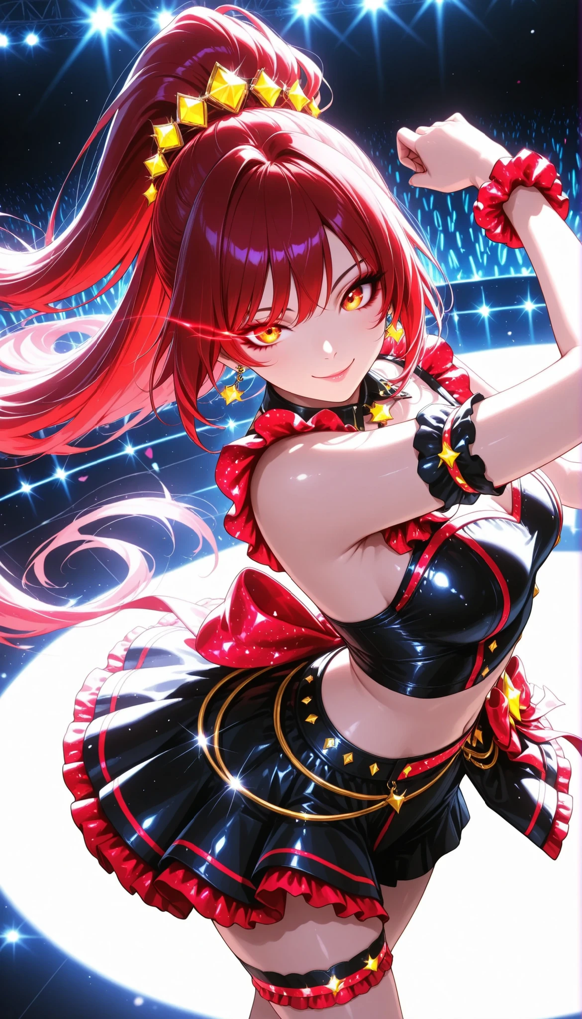 Beauty Idol, Virtual Idol, (colorfulな髪色, high position super long ponytail, red hair accessory, orange eyes), watch viewers, smile, eye trail, Dance Motion, Dynamic, Live Stage, colorful, neonライト, vibrant, dark audience background, Glowing Contours, neon, Black Light, Ultra High Definition, after being played in high definition, realistic, (Highest Quality:1.2, CG illustration, masterpiece:1.2, Best Aesthetics),