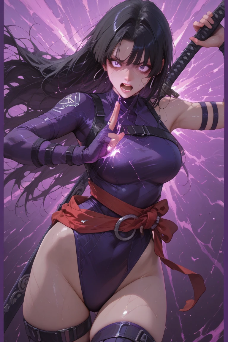 make a magic, in a sexy black outfit, with a staff of purple power, sexy clothes, sadomasochist, exhibitionist, showing the vagina, tongue sticking out, and naughty face, gargantuan , greeneyes, whore
