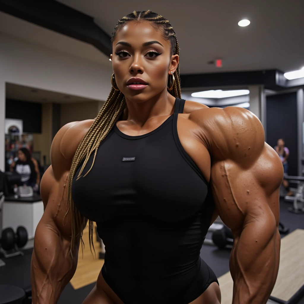old queen latifah,  heavily muscled iffb pro female bodybuilder,masterpiece, best quality, 1girl, vpl, button up shirt, pink oil glossy compression leggings, Christmas hat, risque, smirk, biceps, leaning back in chair,