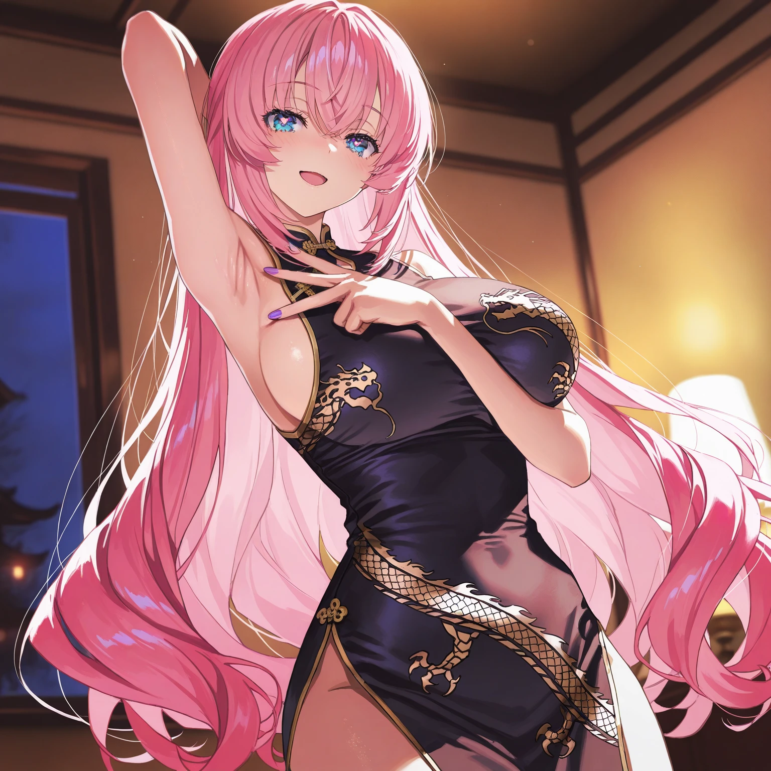 (A genie, very closely resembling Paris Hilton (age 25) dressed in flamboyant alluring clothing(lots of colorful silk, thin billowing silk)), is lounging around a modern modest apartment, flirting