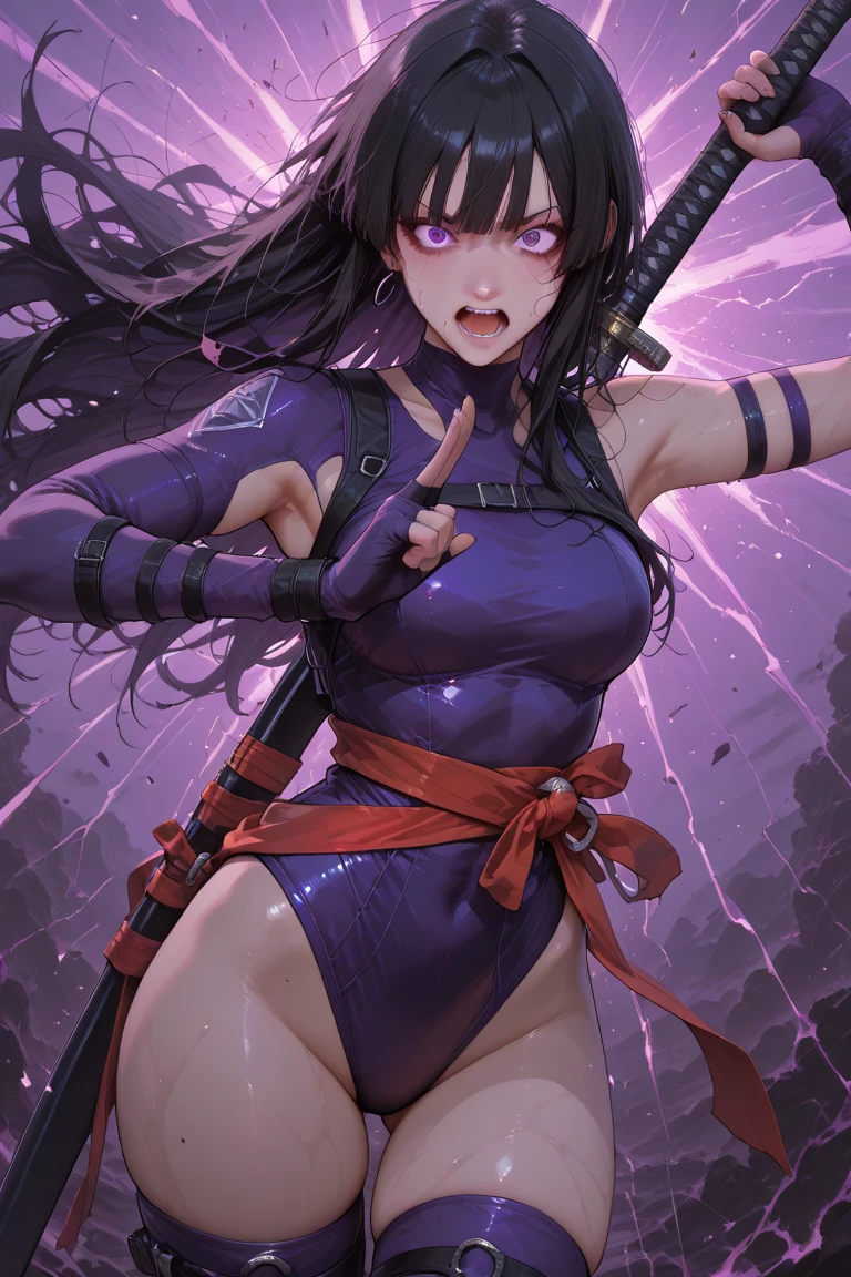 Raise your hands behind your head、night、(masterpiece、Highest quality、Very detailed、so beautiful、Full Body)、((Pink mist floating around:1.75))、Attractive woman、Angry expression、Sweating profusely、soaked、((Alluring female ninja、Purple Shinobi Costume:1.3))、(Thick lips、Thick eyebrows、Almond-colored eyes、Black Hair)、((Skin:1.4))、Chest wrap、Navy blue long scarf、(From below:1.2)、Japanese garden、(pubic tattoo、glowing tattoo:1.3)