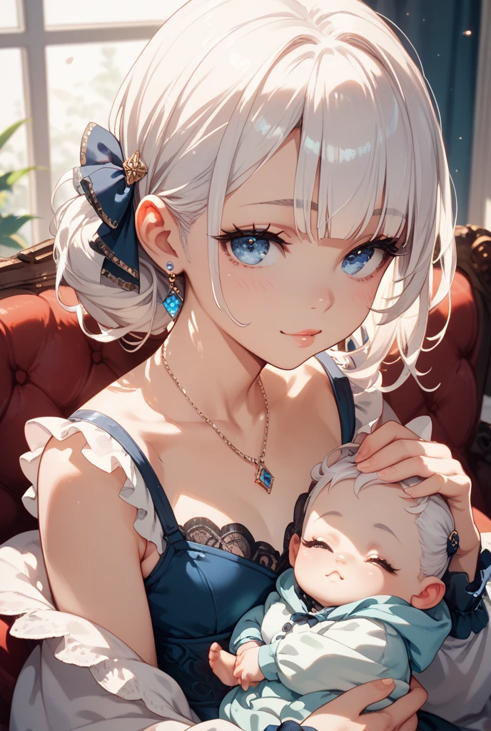 Beautiful girl with short white hair and blue eyes holding a baby girl with silver white hair and purple eyes