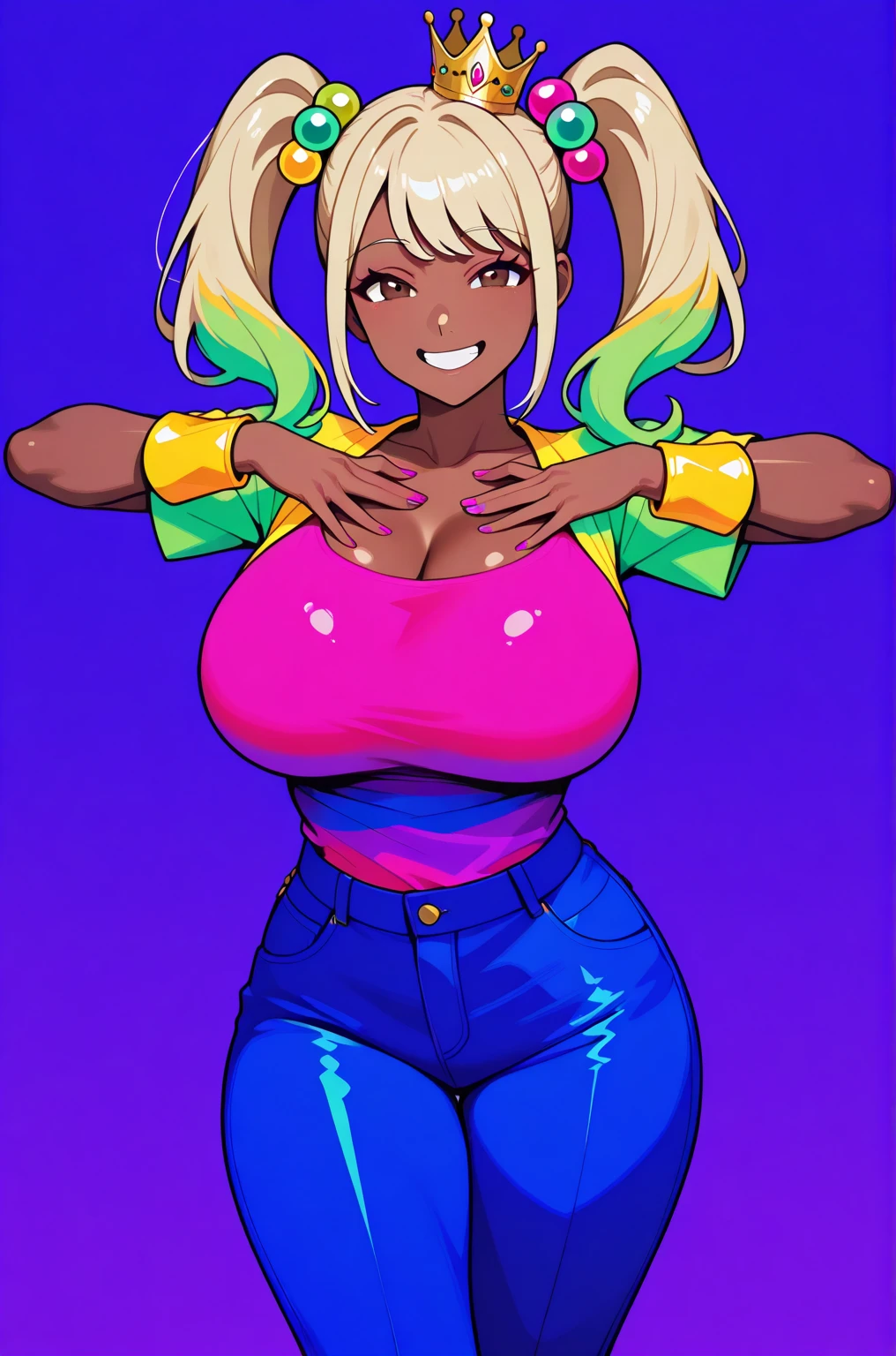 Score_9, score_8_up, score_7_up. Short woman with extremely enormous breasts. Gorgeous face. Eyeshadow. Kissy face. She has very enormous lips. She is wearing black lipstick. Golden blonde hair. Perfect dark green eyes. she has an extremely skinny waist. She has extremely massive breasts. She has a very very short waist. She has an extremely thin waist. Thinnest waist. She has an extremely slim waist. Her heavy breasts hanging low. short torso. She has a tiny body. (She has a very short waist 1.3) wearing a grunge shirt and ripped jeans. Wearing bimbo accessories. Very tan. Darkest tan. Dark brown skin. Extremely tan. Short body. Half body view. See you at a concert. Blurred background. The sweat