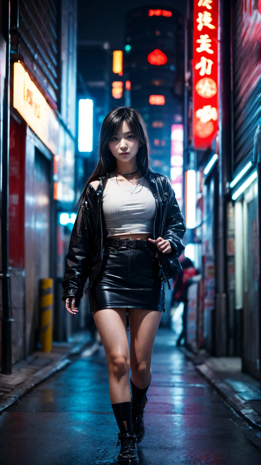 Top Quality, A futuristic young woman with short, metallic-colored hair, dressed in a cyberpunk outfit. She stands in a neon-lit cityscape, her look cool and mysterious, blending seamlessly with the high-tech environment.