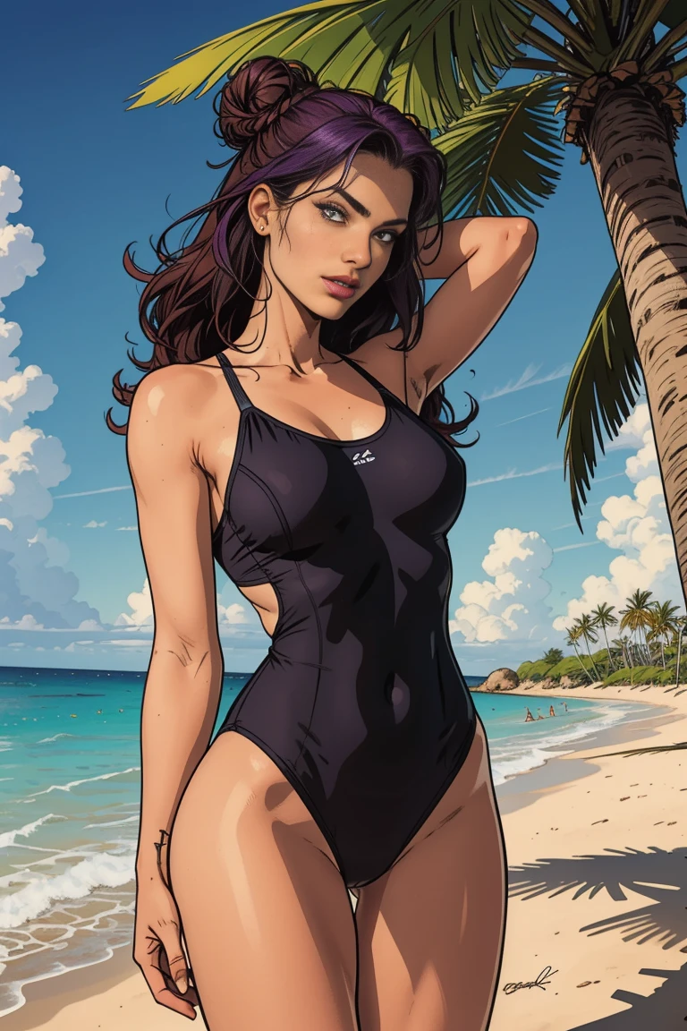 2d comic, flat color,line art, black and white color, bikini, แสงส่องจากด้านหน้า, ภาพโทนสว่าง, สว่าง, กลางวัน