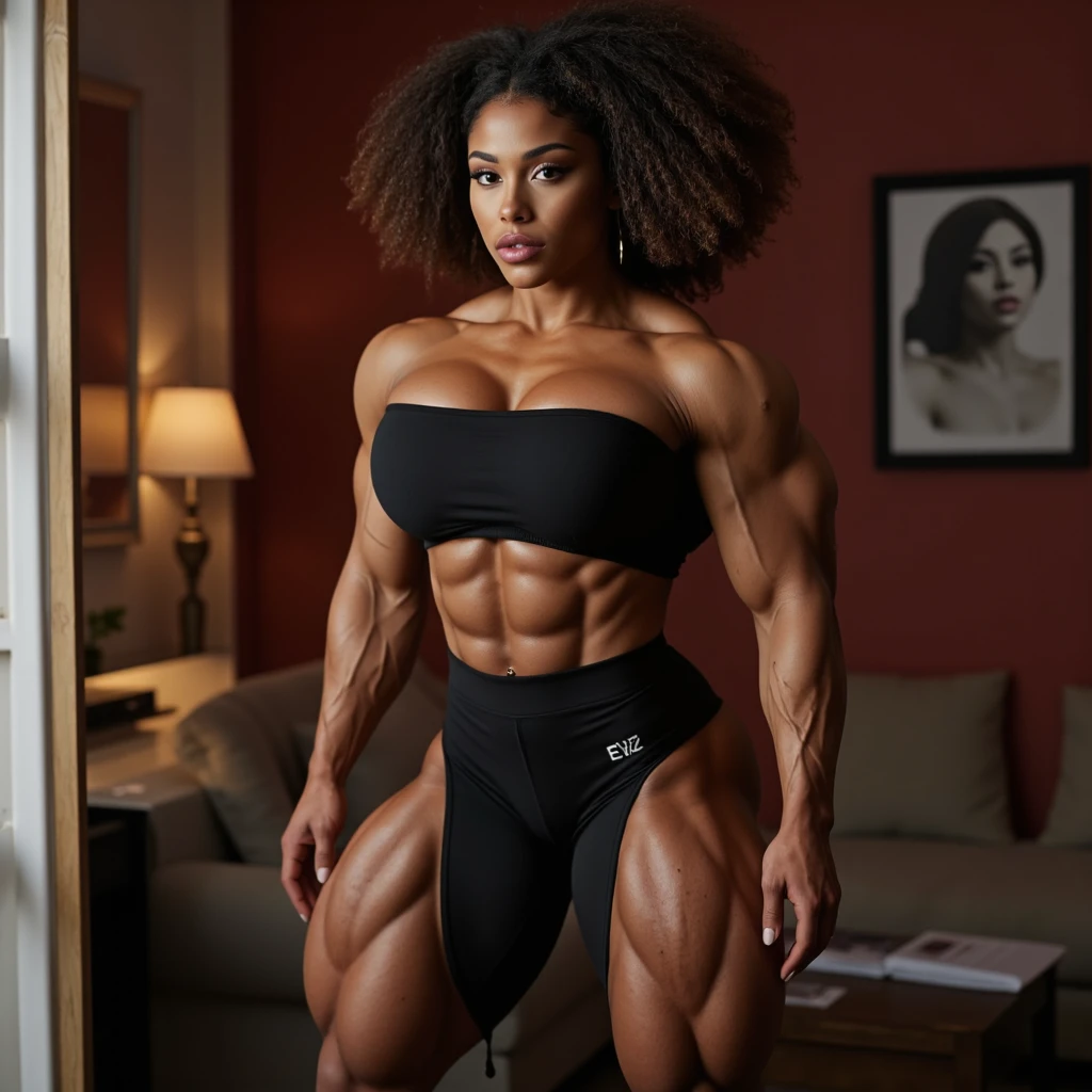 (Muscular:1.9), ((thick thighs, wide hips:2.1))!, ((african-american female:2))!!, ((dark skin, brown skin:2)), (frizzy hair:1.9), (glasses), (corn rows, black hair:1.4), earrings, eyeshadow, lipstick, beauty mark, freckles, (ten pack abs:1.5), cropped knees, (long hard nipples:1.1), ((large perky breast:1.5)), choker, (light blue sundress, thin fabric:2), (sculped muscles:1.9), detailed eyes, (athletic body:1.2), (muscular body:1.9), (looking at viewer), round ass, classroom, rim lighting, two tone lighting, dimly lit, clean skin, low key (DETAILED SKIN), bangs, blunt bangs, (pleated skirt:1.2), naughty face, naughty, (big smile:1.2), bokeh