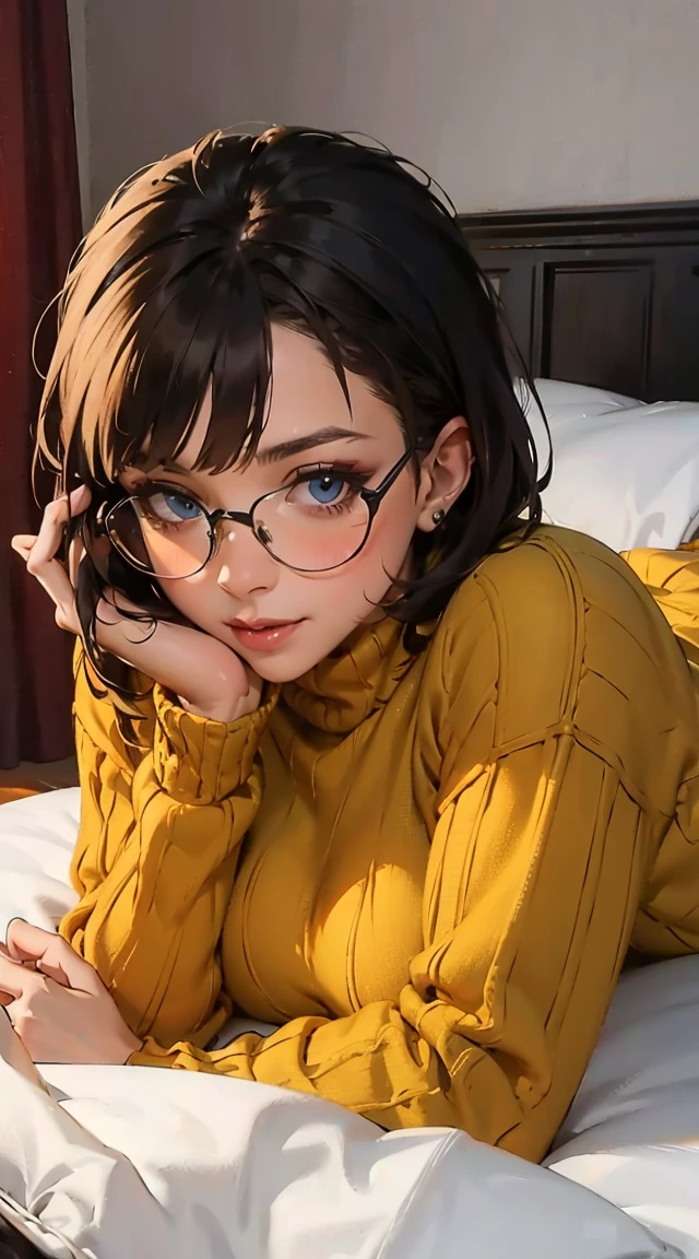 HD, 8k quality, masterpiece, Velma, dream girl huge tits, beautiful face, kissing lips, short bob hairstyle, long bangs, perfect makeup, realistic face, detailed eyes, green eyes, brunette hair, eyelashes, smile grin, bedroom, lying on bed, showing cameltoe, eyes at viewer, orange knitted turtleneck sweater, clear lens glasses, red school girl skirt, view from below,