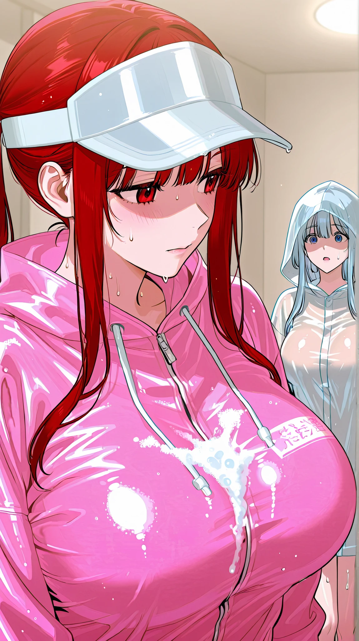 2 Girls、visor cap、transparent raincoat、sweat、water、wet、Bubble、soap、body soap、wash your body、Bubbleまみれ、painful、bath、Big Breasts、emphasizes her chest、Close、upper body
