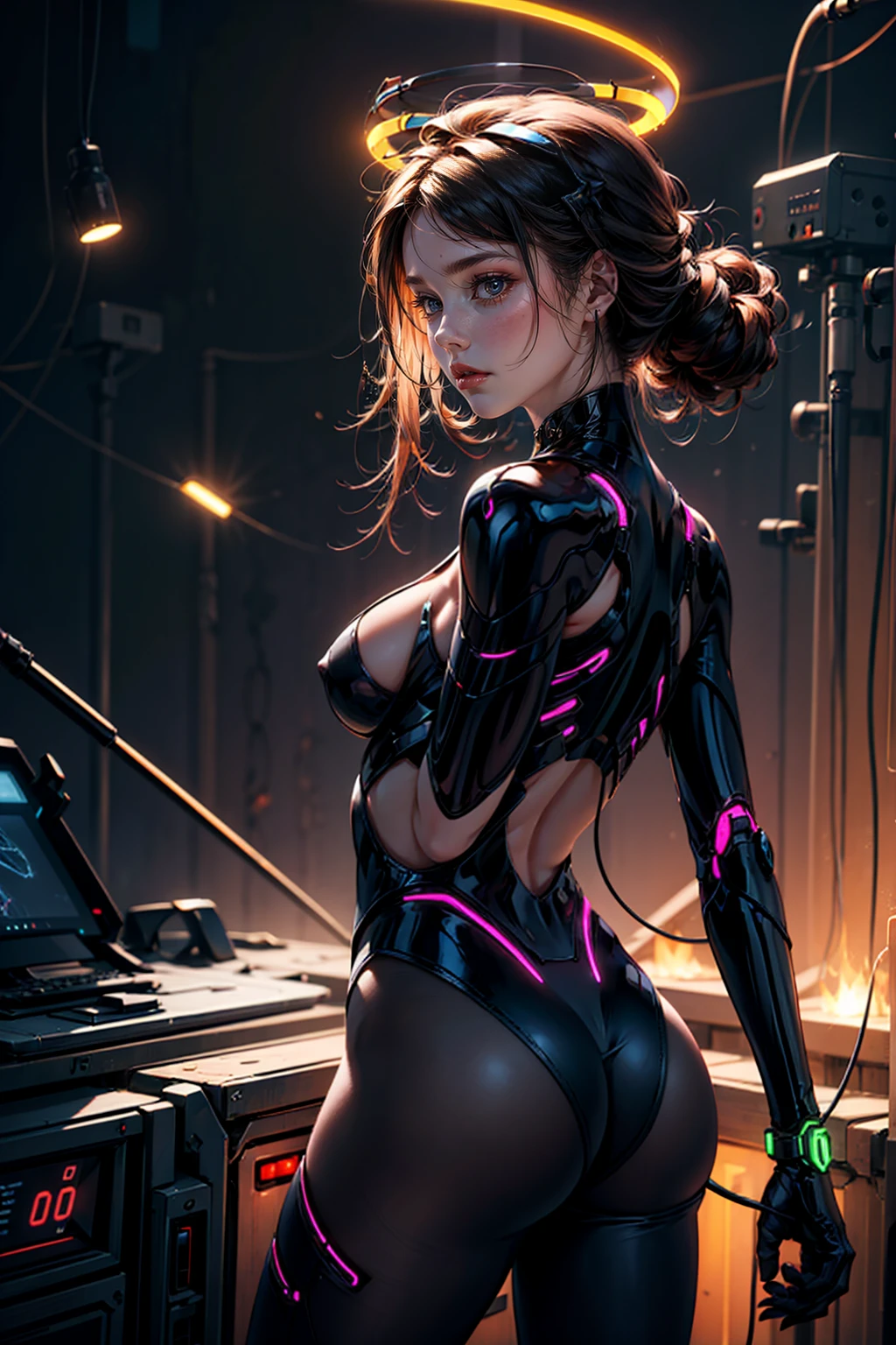 ((Best quality)), ((masterpiece)), (detailed:1.4), 3D, a beautiful cyberpunk female figure with thick hair, realístic hair, perfect ass, detailed face, light particles, pure energy chaos anti-technology, HDR (High Dynamic Range), ray tracing, NVIDIA RTX, Super-Resolution, Unreal 5, Subsurface scattering, PBR TexturingPost-processing, Anisotropic Filtering, Depth-of-field, Maximum clarity and sharpness, Multi-layered textures, Albedo and Specular maps, Surface shading, Accurate Simulation of Light-Material Interactions, Perfect Proportions, Octane Render, duotone illumination, large aperture, low ISO, white balance, rule of thirds, 8K RAW, from behind