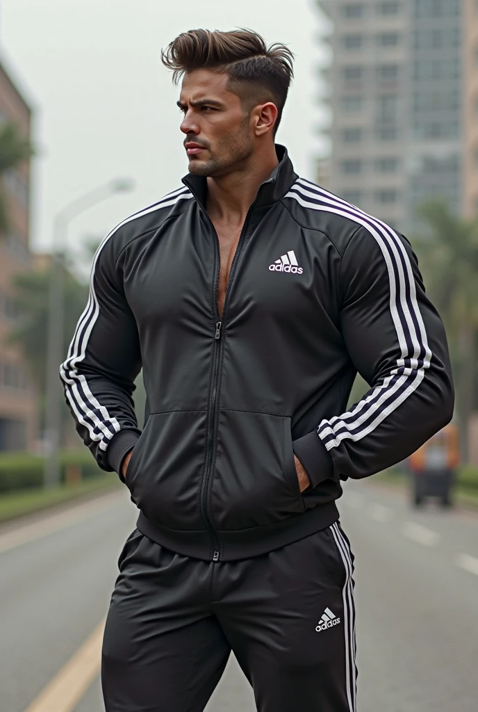 (absurdres, highres, ultra detailed, Ultra HD), ((tall handsome muscular man with a strong physique, solo, male model modern clothing, Full length portrait: 1.5, wearing a black and white zebra costume based zip-up jumpsuit with a hoodie that is unzipped revealing his chest and abs, bulge: 1.2)), beautiful, gorgeous, wet, mature, perfect eyes, sexy gaze, (looking at the viewers romantically), perfect body, smooth skin, a hot glow in his skin, extra large chest, largest breasts, extremely large pectorals, big nipples, breathtaking grandeur, model pose, colorful, artistic, focus on his calm facial features, elegant look, sexy posture, full body view,