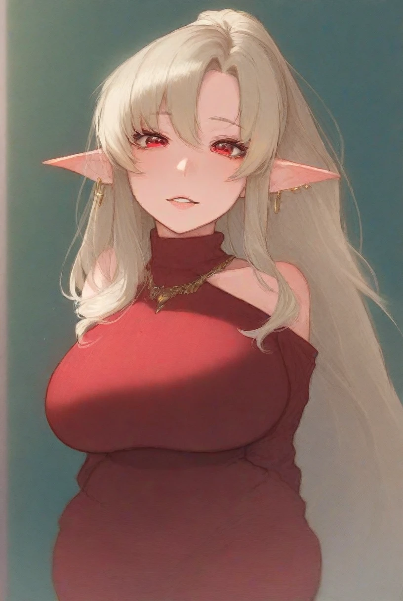 (((I want an elf woman with dark skin, curly white hair, detailed green eyes, majestic body and full breasts, Wearing a tight red dress, with a shy expression)))