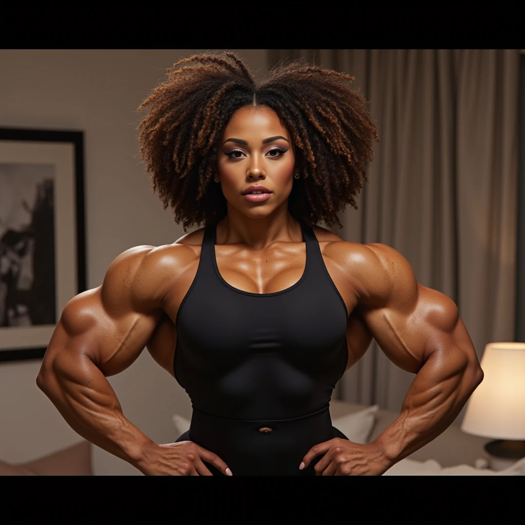 frontal half body photo of a beautiful woman, Female ifbb, torn v-string, beautiful face, clear face, wavy hair, very muscular, big muscles