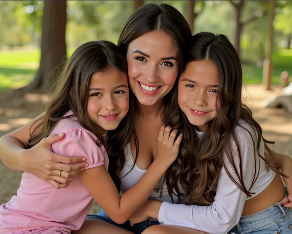 Overweight Mayan blonde woman with her 5-year-old twin sons, light brunette, brown hair and angelic face smiling in a flowery park
